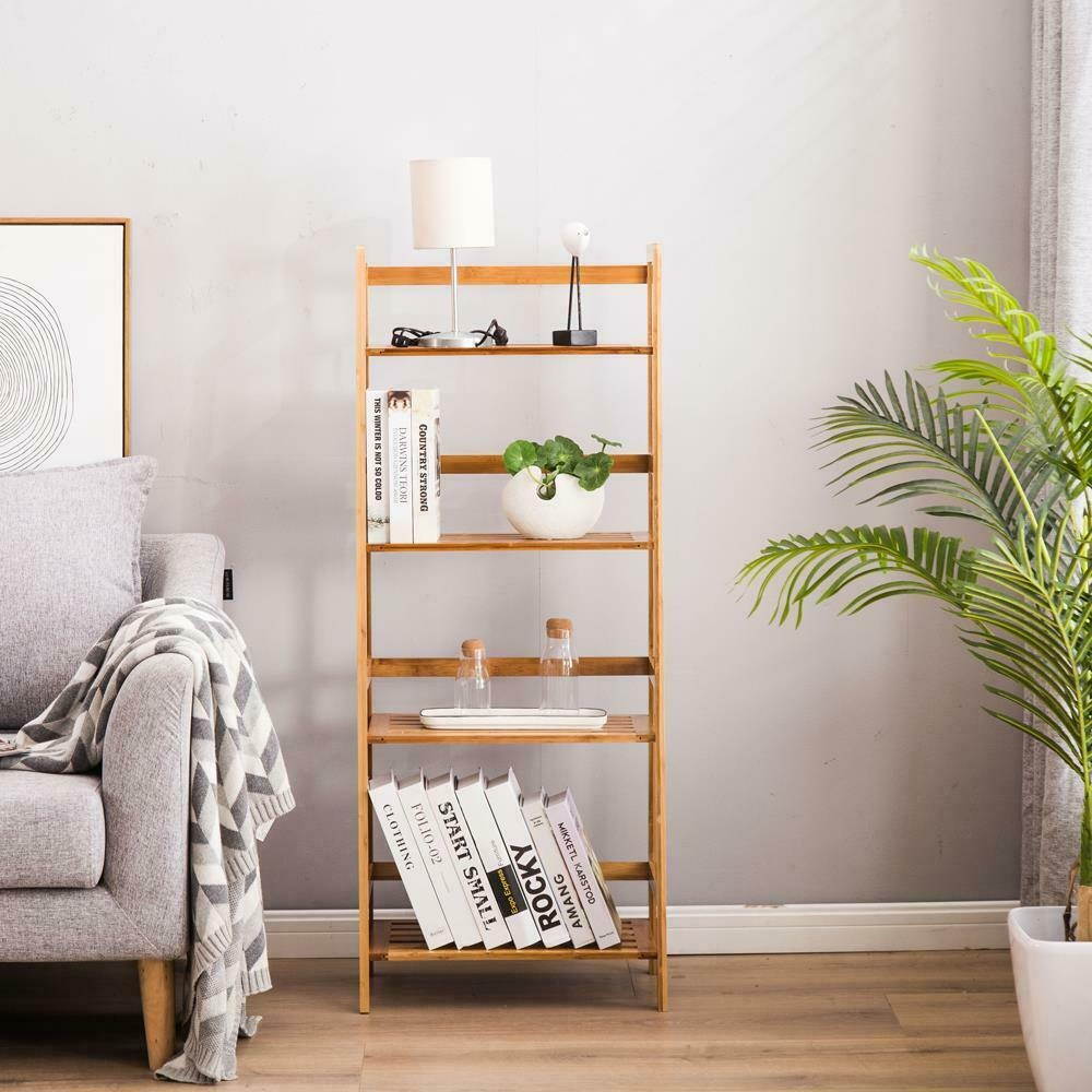 4 Tier Leaning Ladder Shelf Bookshelf Storage Shelves Unit Organizer Log Color