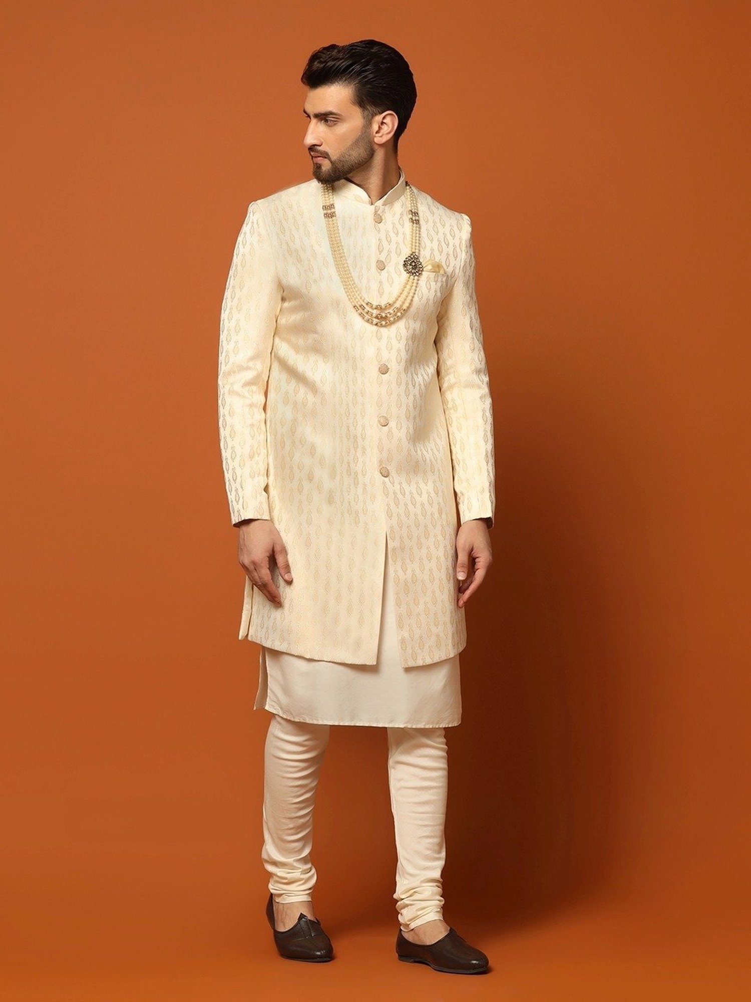 KISAH Peach Cotton Regular Fit Self Pattern Sherwani Set