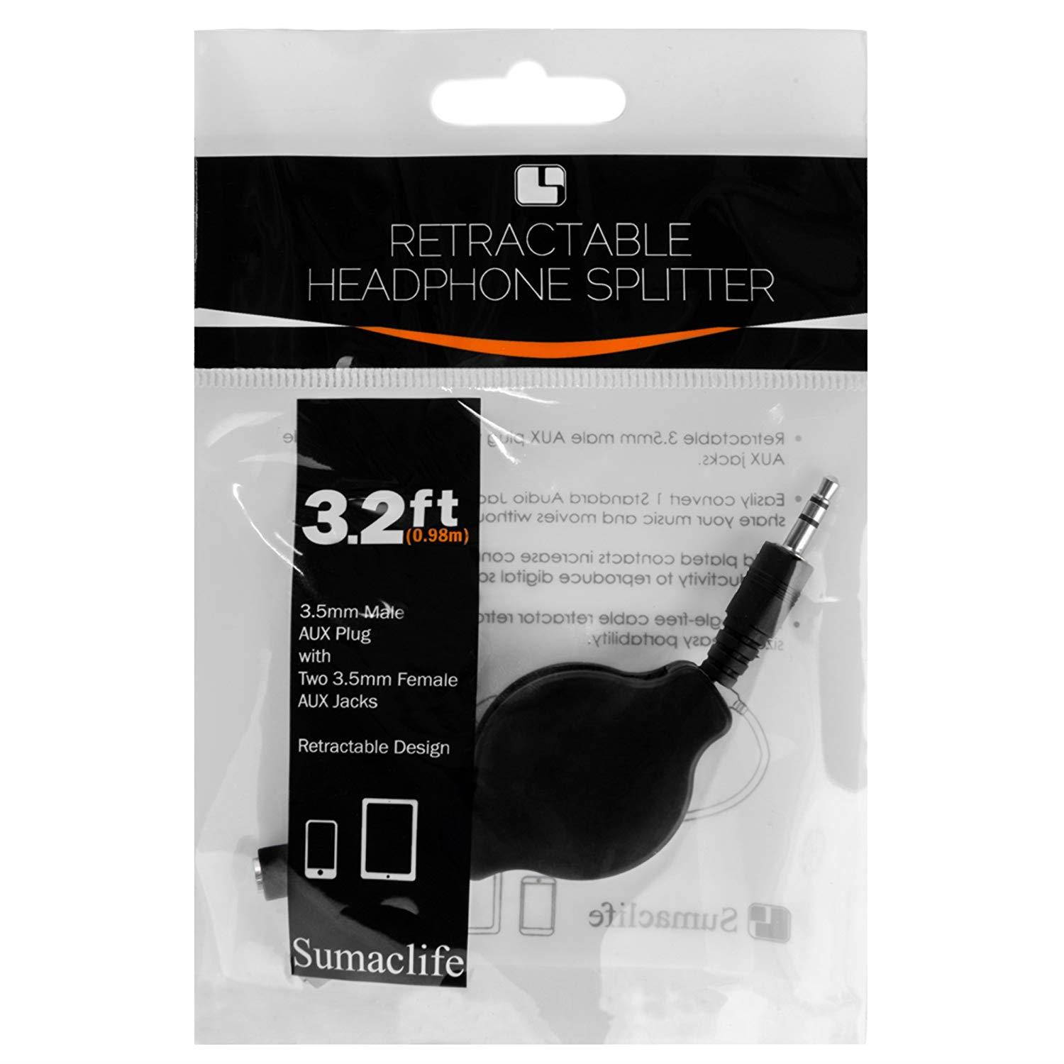 SumacLife RetractHeadphoneSplitBLK Retractable 3.2-Feet Headphone Splitter Cable, Black