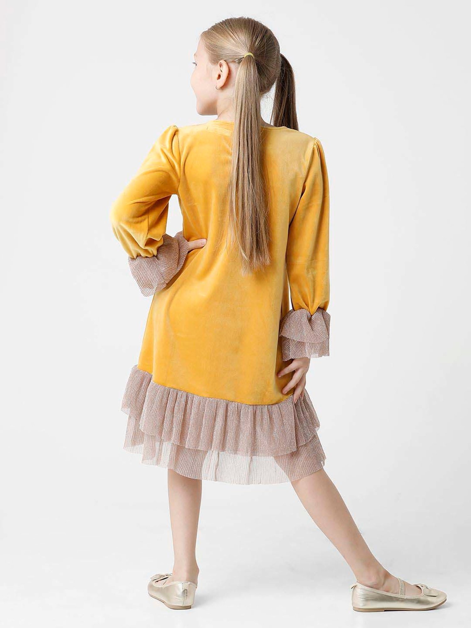 Kate & Oscar Kids Mustard Embroidered Full Sleeves Dress