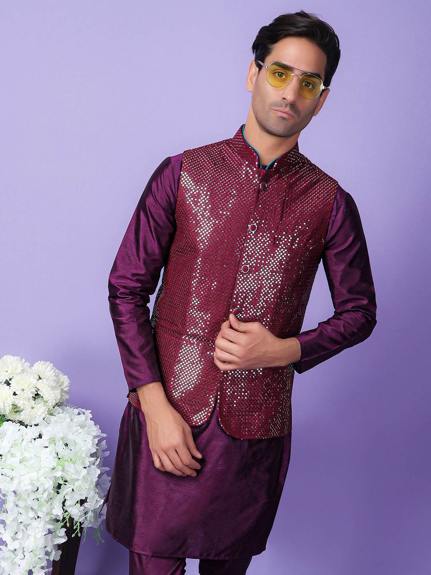 Hangup Purple Regular Fit Embellished Nehru Jacket