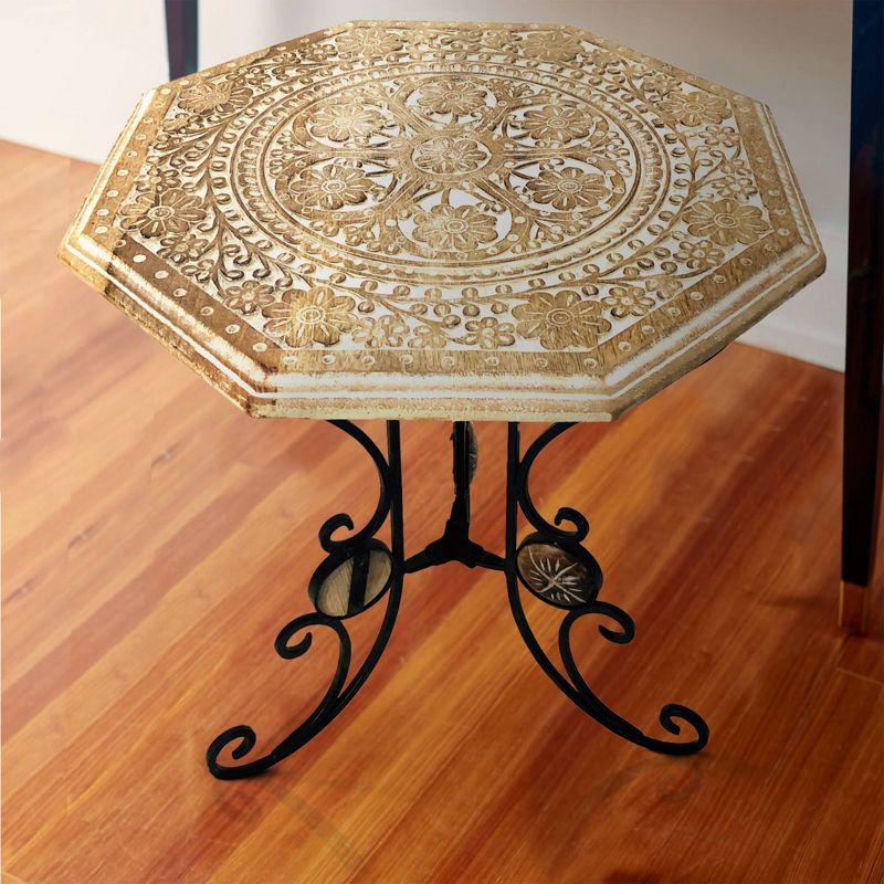 Engraved Carved Octagonal Mango Wood Table with Scrolled Foldable Legs Brown/Black - The Urban Port
