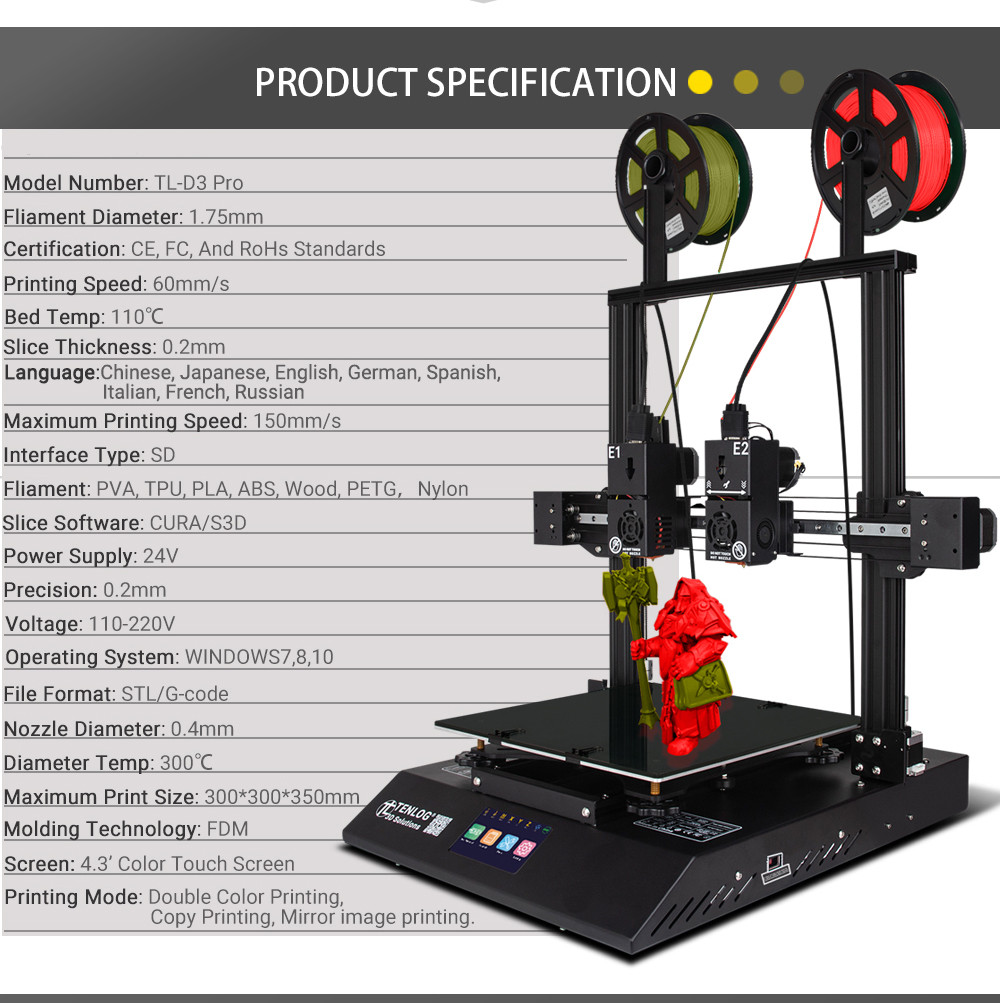 TL-D3 PRO With TMC2208, Independent Dual Extruder 3D Printer, 300 Degree High temperature Nozzle