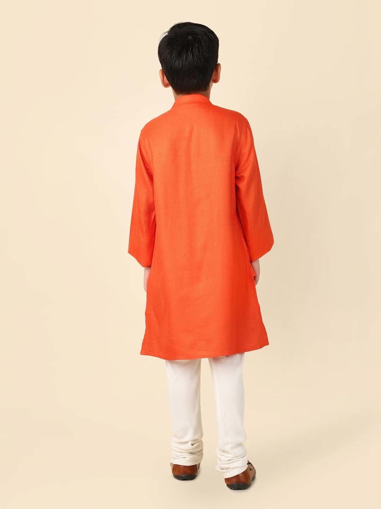 Fabindia Kids Orange Textured Pattern Full Sleeves Kurta