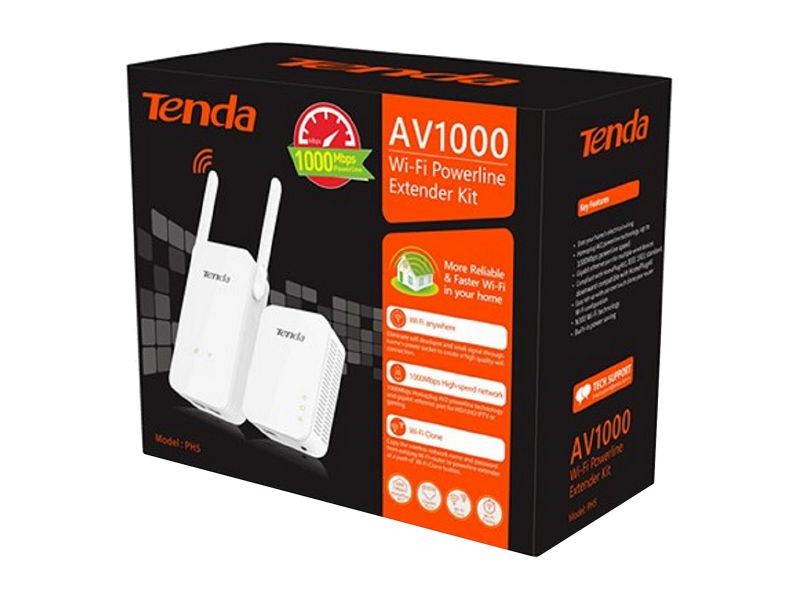 Tenda AV1000 Powerline Wi-Fi Extender Kit with 2 Gigabit Ethernet Ports / Wi-Fi Clone / Home Plug AV2 / Powerline 1000 Mbps + Wi-Fi 300 Mbps (PH5)