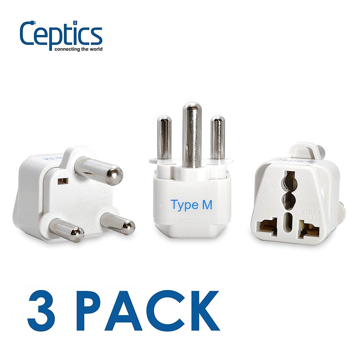 Ceptics South Africa, Botswana Travel Plug Adapter (Type M), Universal Socket Plug Accepts Plugs From any Country, Perfect for Cell Phones, Laptops, Chargers and More - 3 Pack (GP-10L)