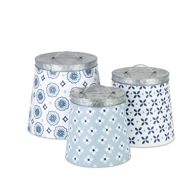 Lone Elm Studios Assorted style, Nested Galvanized Metal Milk Pail Canisters with Blue Mix & Match Pattern