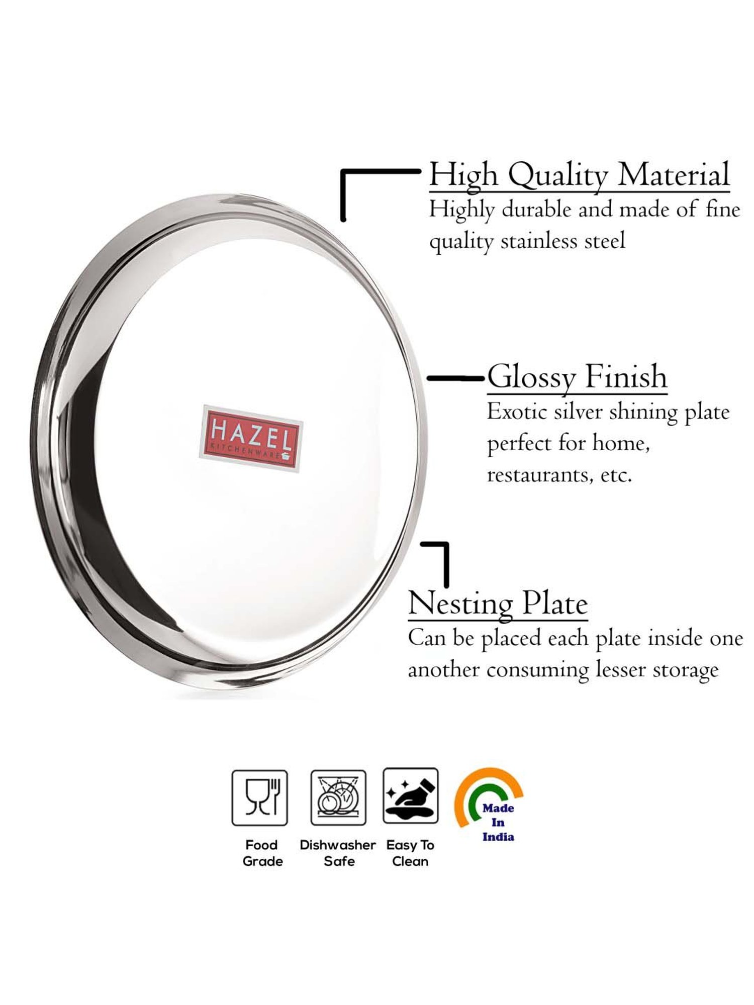 HAZEL Silver Stainless Steel 25 cm Medium Thali - Set of 1