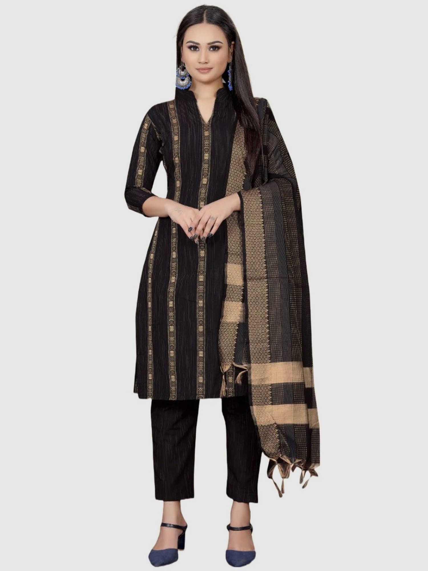 APNISHA Black Cotton Woven Pattern Unstitched Dress Material