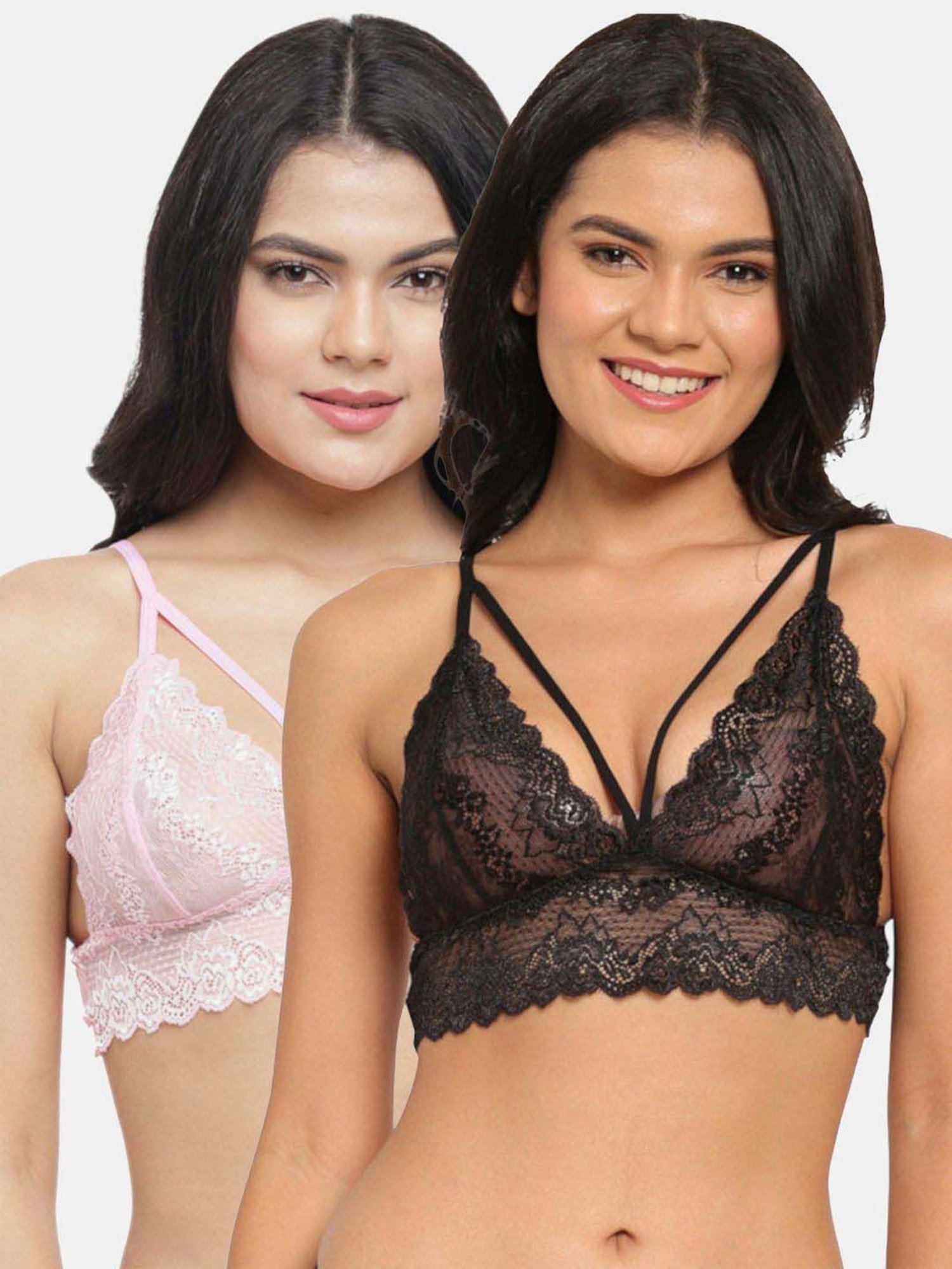 N-Gal Black & Red Lace Work Bralette Bras - Pack Of 2