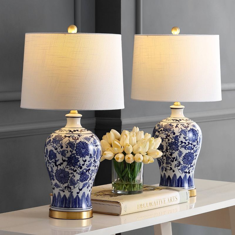 (Set of 2) 25.75" Ceramic/Metal Table Lamps (Includes LED Light Bulb) Blue/White - Jonathan Y