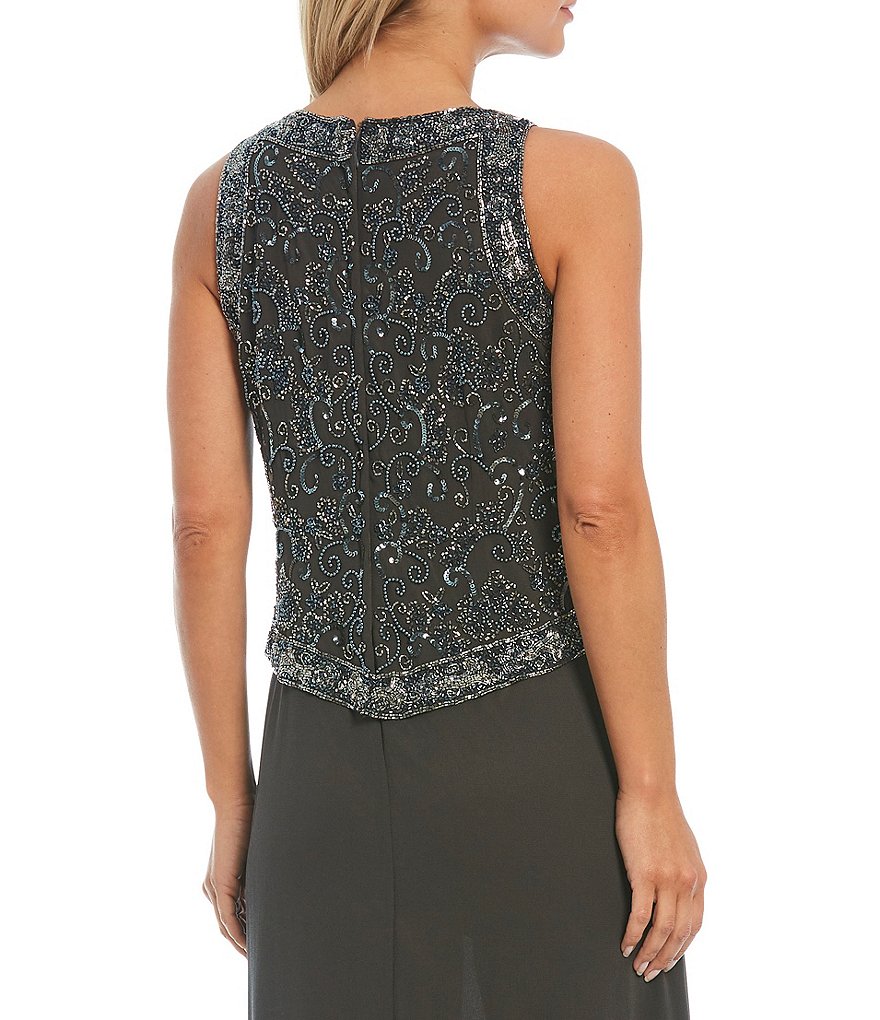 Jkara Beaded Bodice Sleeveless Chiffon Gown