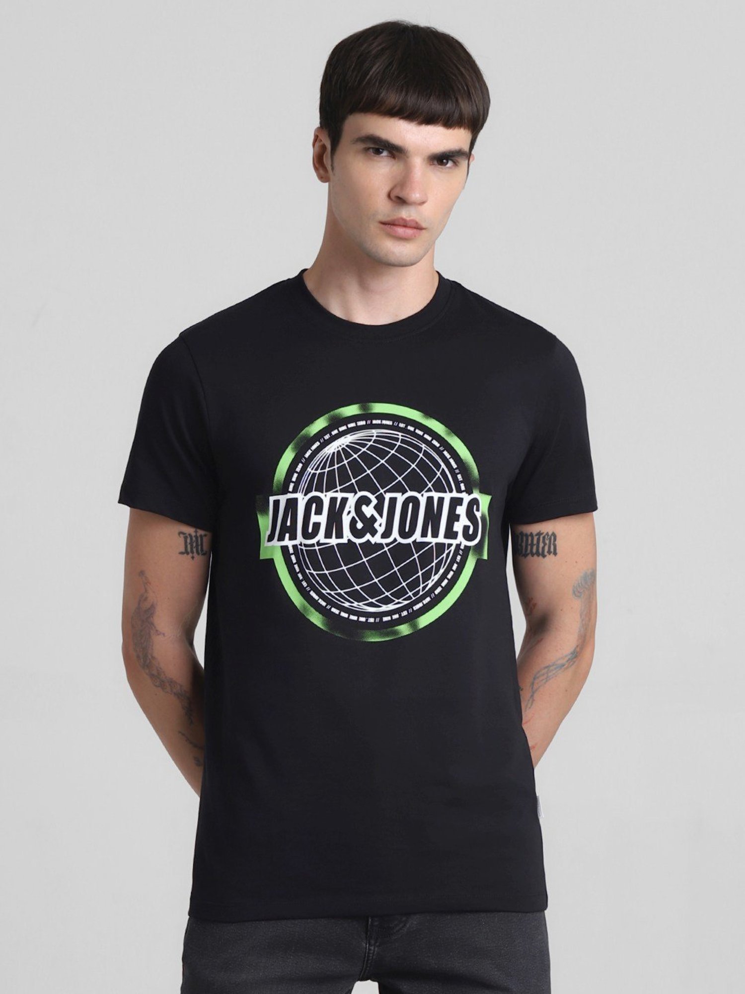 Jack & Jones Jet Black Cotton Slim Fit Printed T-Shirt