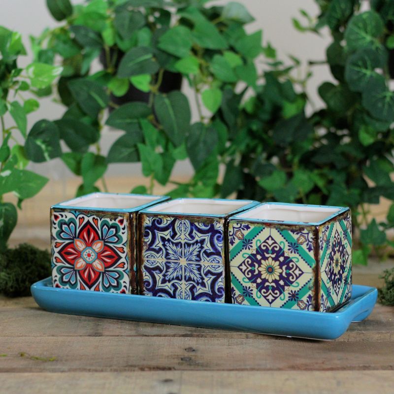 Melrose Set of 4 Weathered Floral Title Pattern with Tray 3.5" - Red/Green