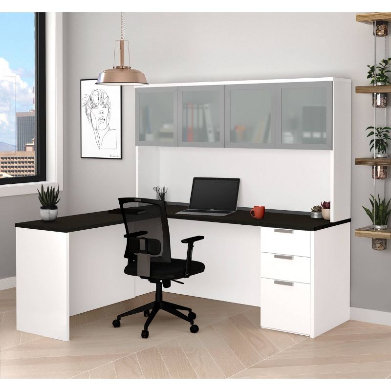 Pro Concept Plus L Desk with Frosted Glass Door Hutch White/Deep Gray - Bestar