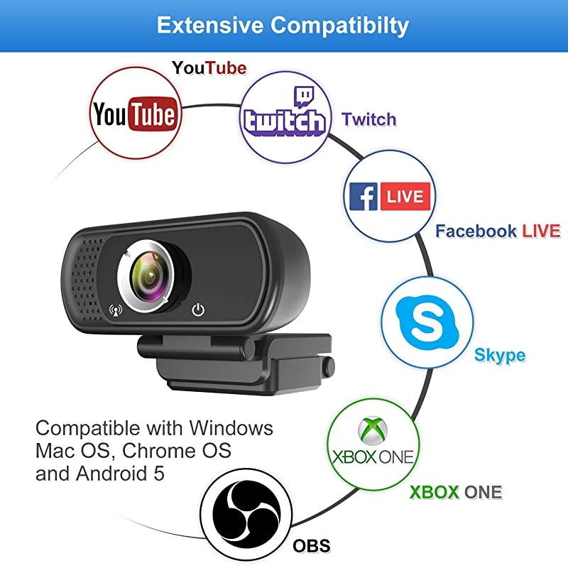 Webcam 1080P,HD Webcam with Microphone, PC Laptop Desktop USB Webcams with 110 Degree Wide Angle, Computer Web Camera with Rotatable Clip