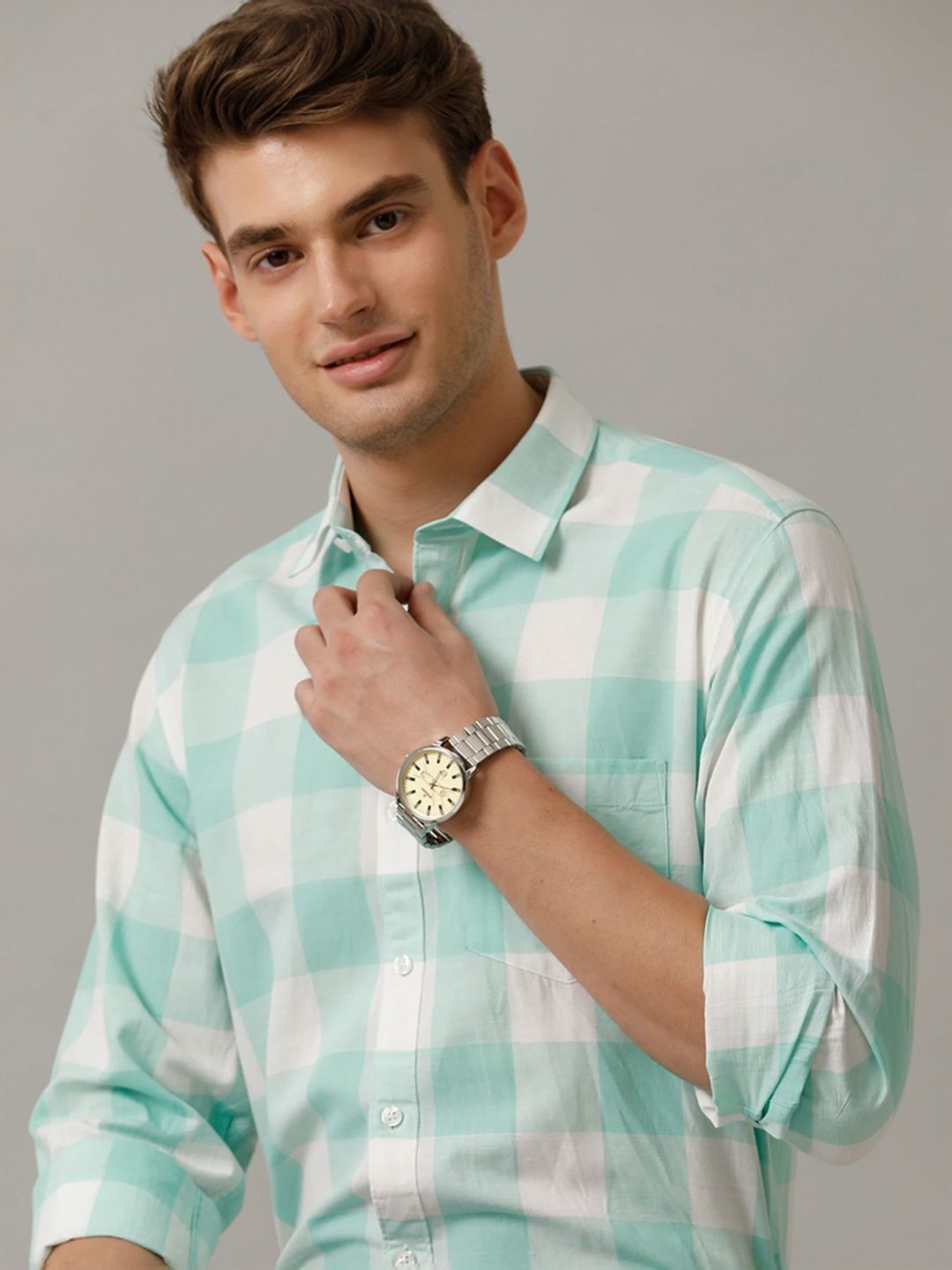 Cavallo By Linen Club Green Linen Contemporary Fit Checks Shirt