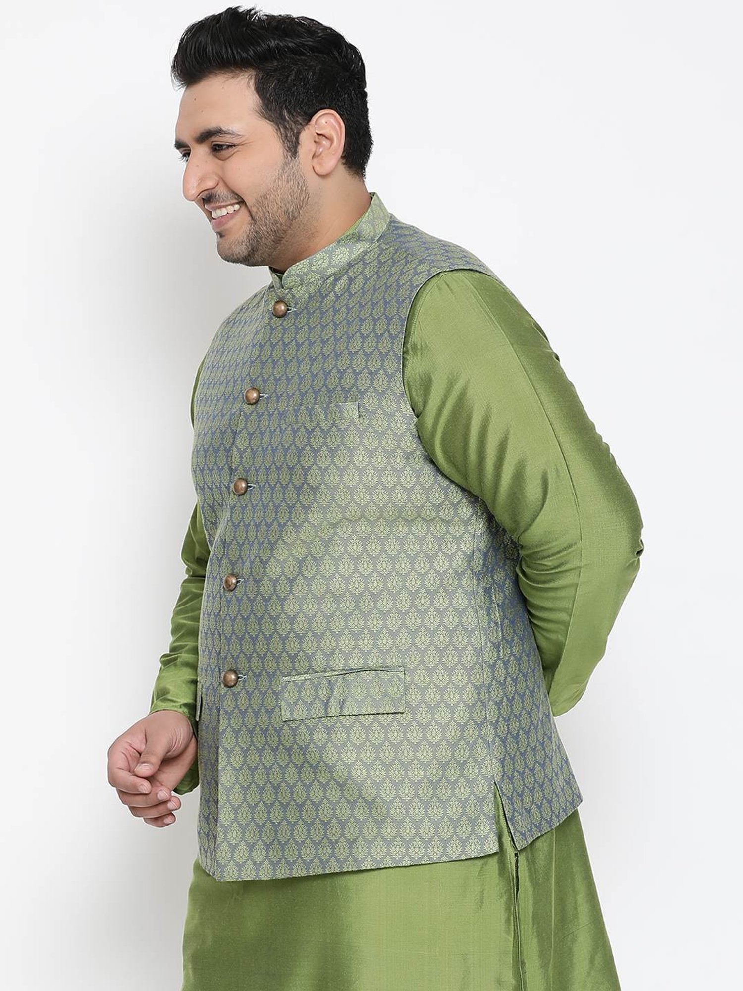 KISAH PLUS Green Regular Fit Jacquard Nehru Jacket
