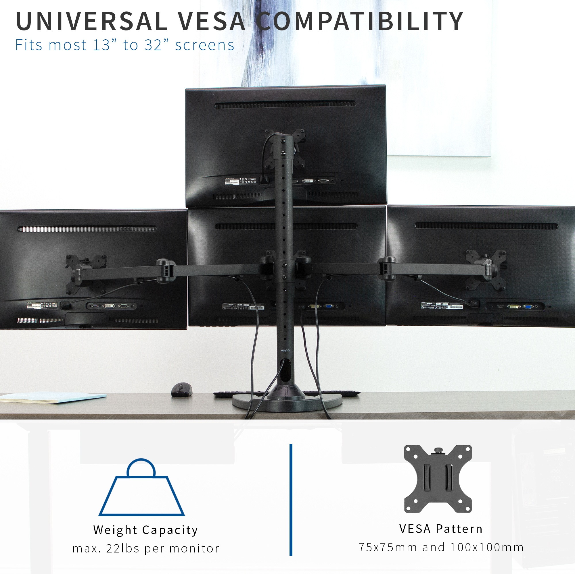 VIVO Steel Quad Monitor Mount w/ Heavy Duty Base, 3 + 1 Fully Adjustable Stand | Holds 4 Screens up to 32" (STAND-V104F)