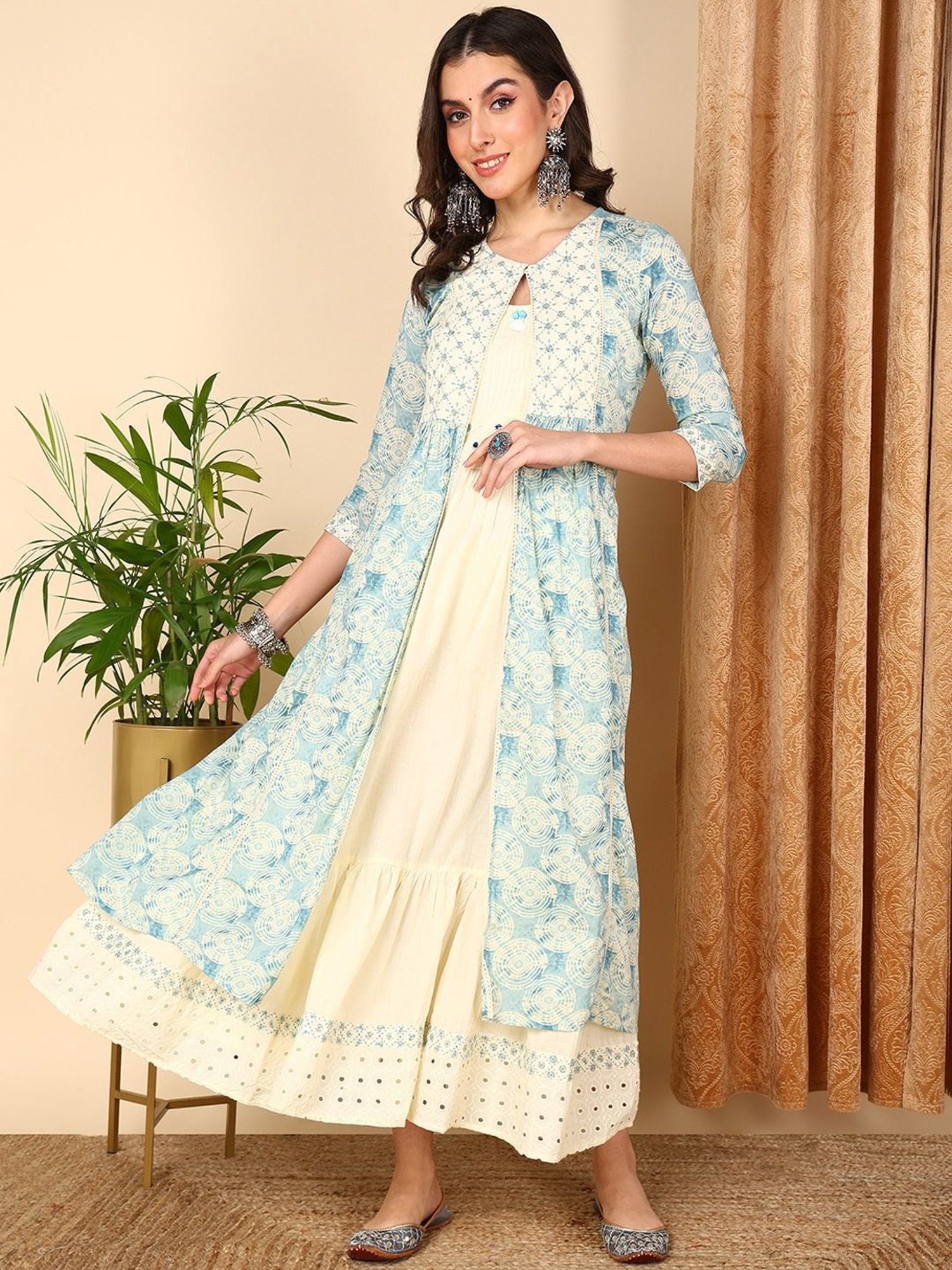 Vaamsi Blue Cotton Printed A-Line Dress With Jacket