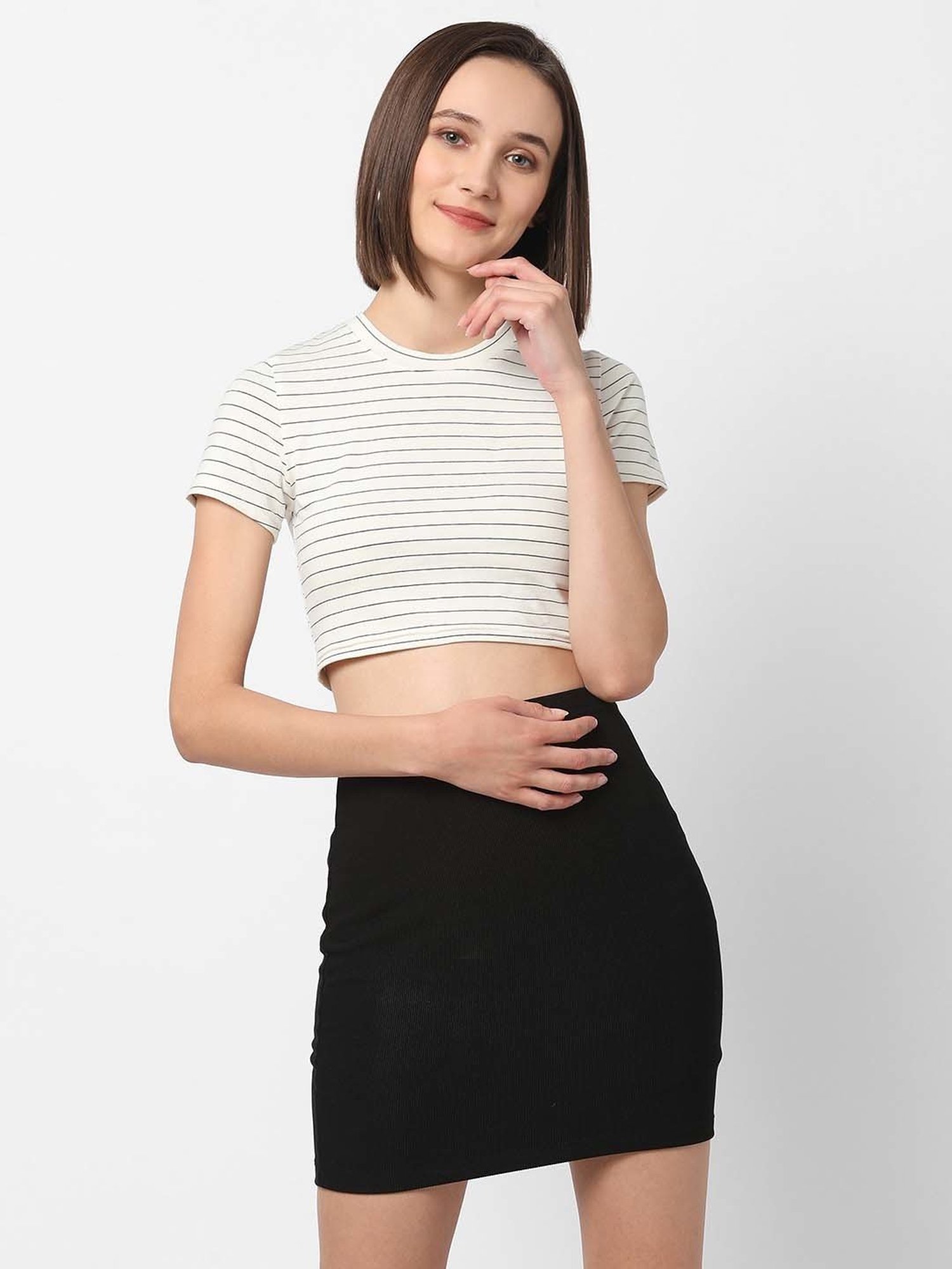 VASTRADO Off-White Cotton Striped Crop Top