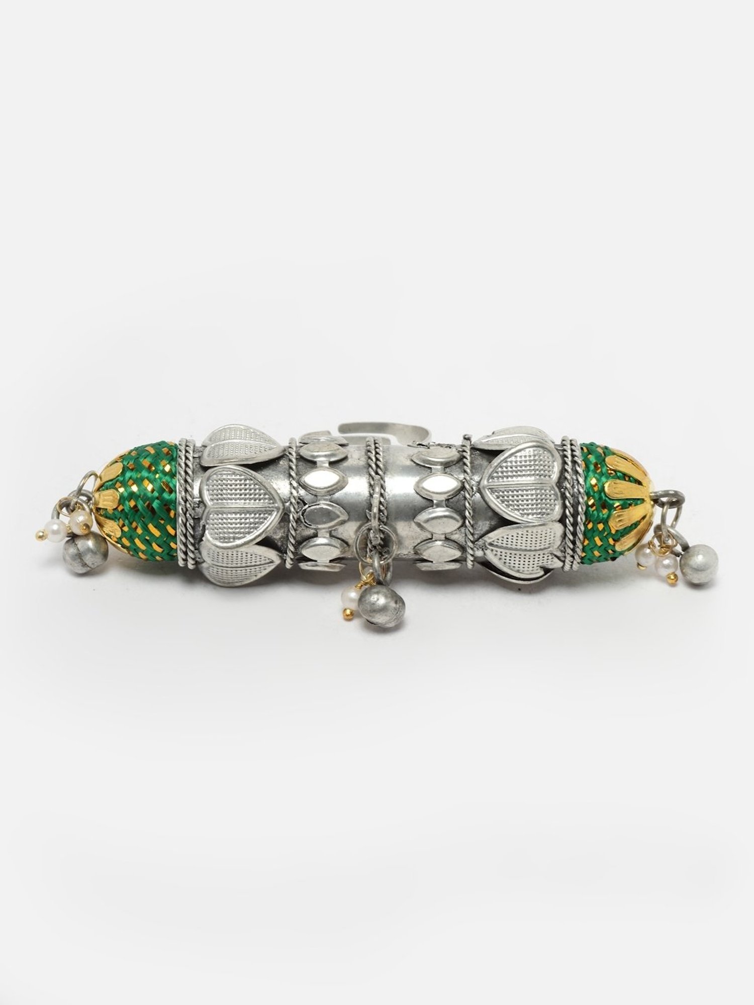 Moedbuille Handwoven Antique Temple Design Oxidised Silver Plated Tribal Filigree Finger Ring