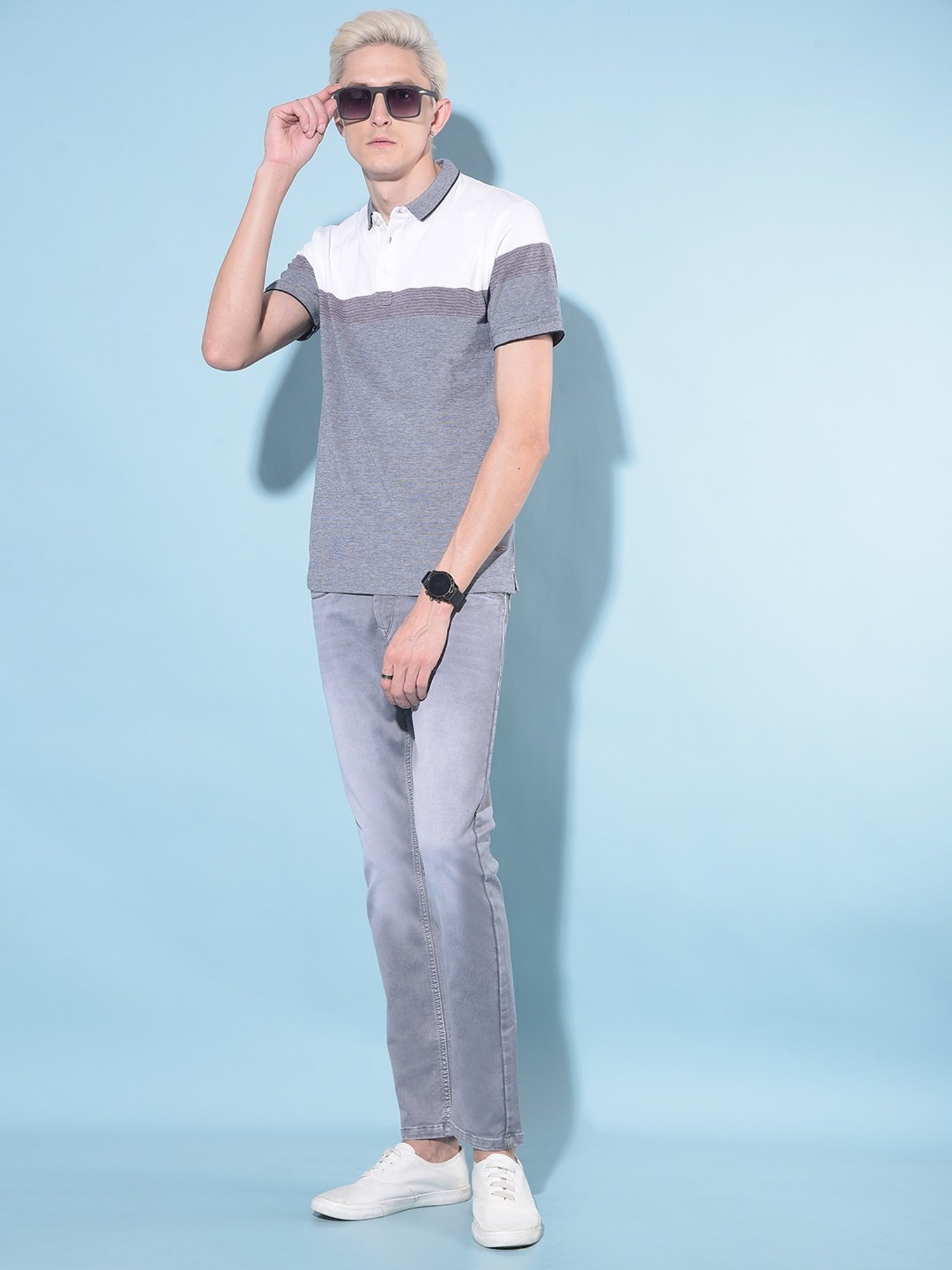 Crimsoune Club Grey  Slim Fit Striped Polo T-Shirt