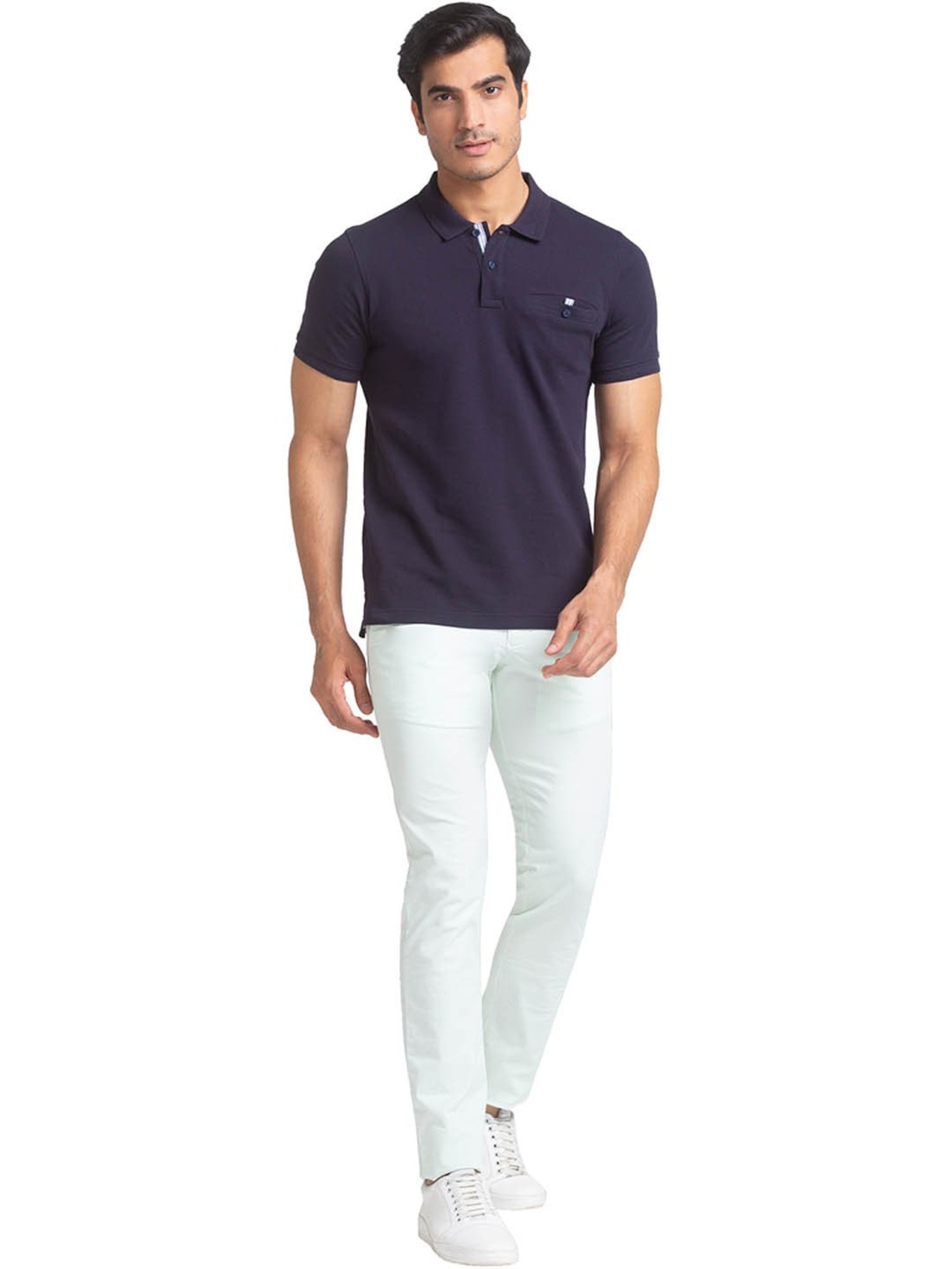Parx Dark Blue Cotton Regular Fit Self Pattern Polo T-Shirt