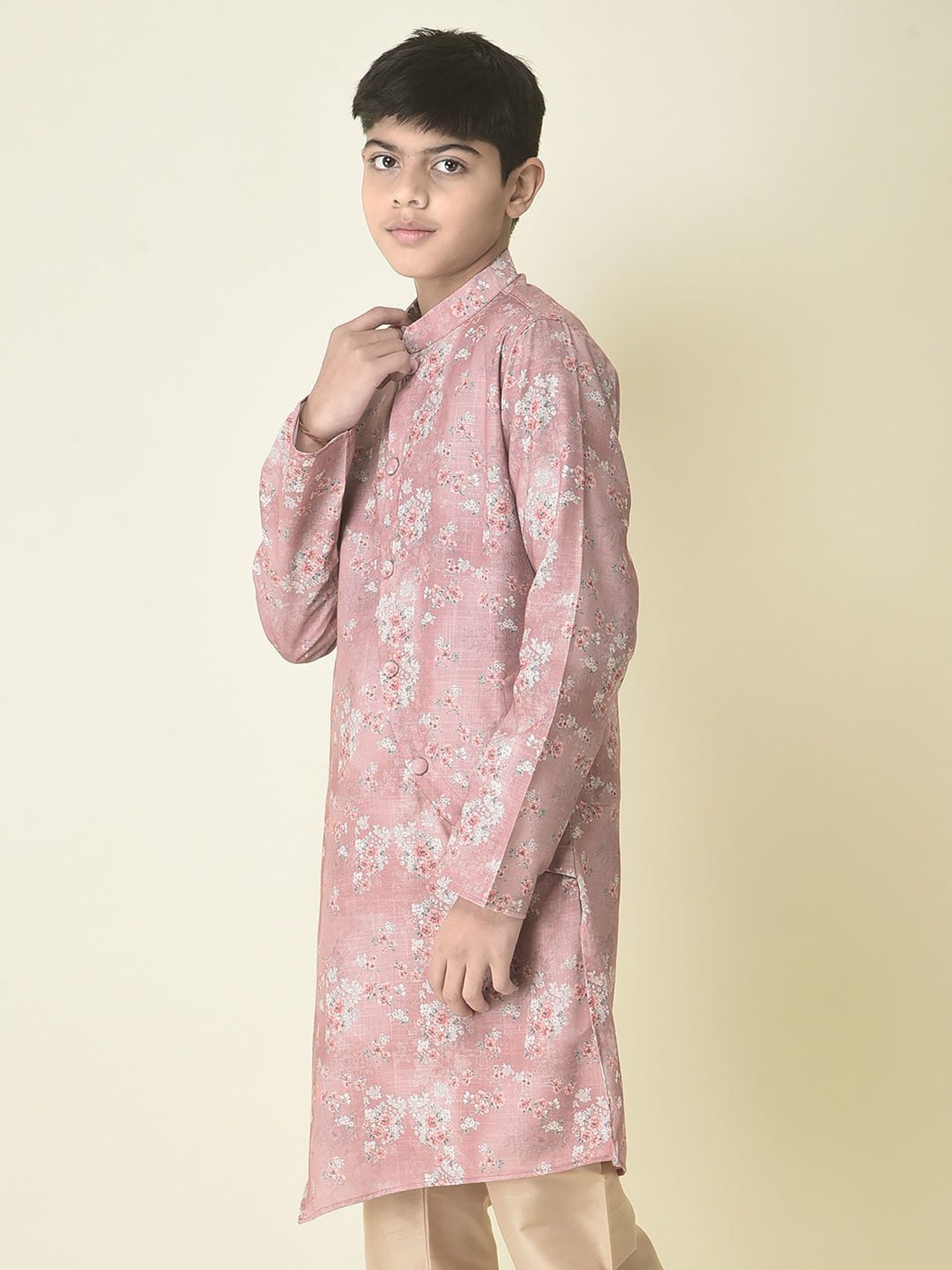 TABARD Kids Pink Floral Print Full Sleeves Kurta