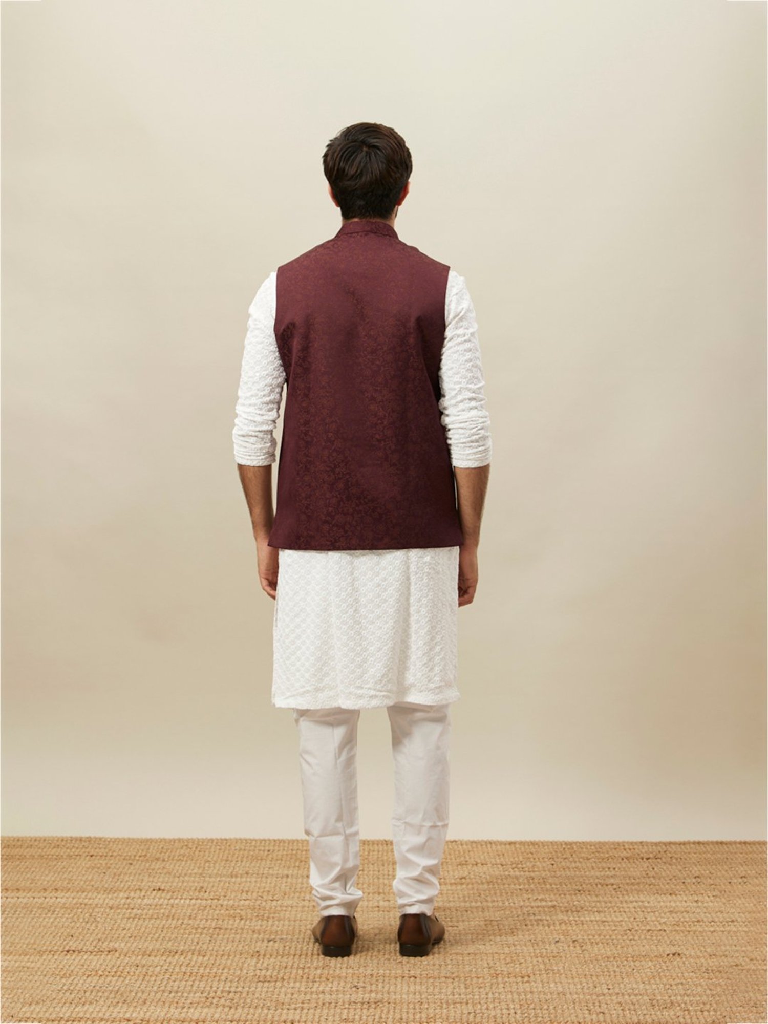 Manyavar Wine Regular Fit Printed Nehru Jacket