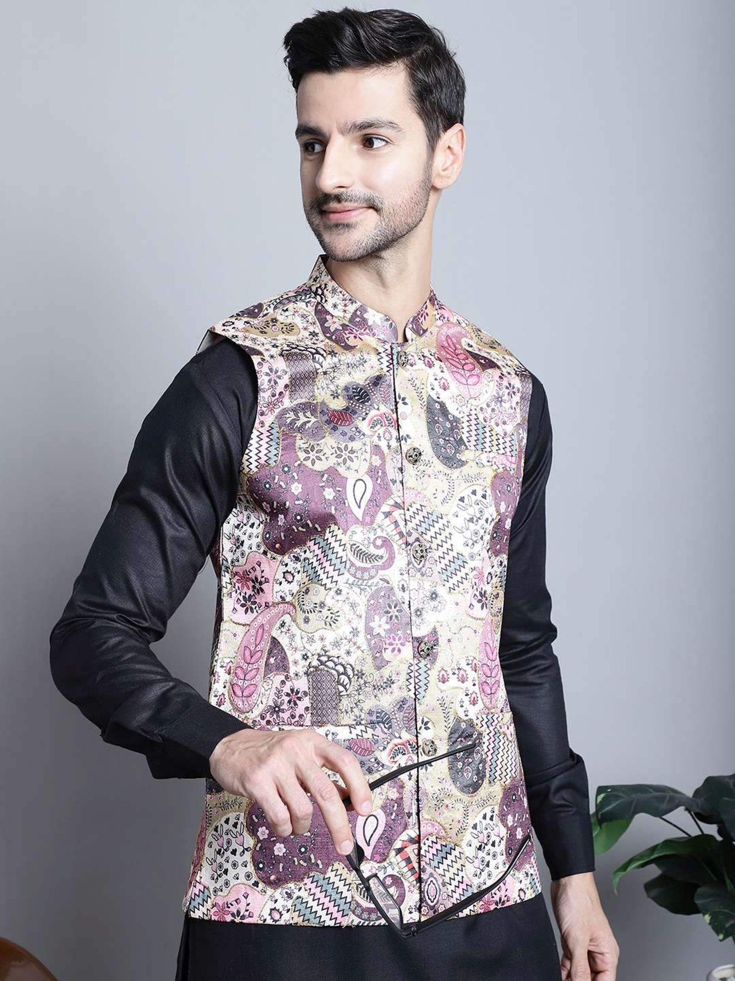 Jompers Purple  Regular Fit Printed Nehru Jacket