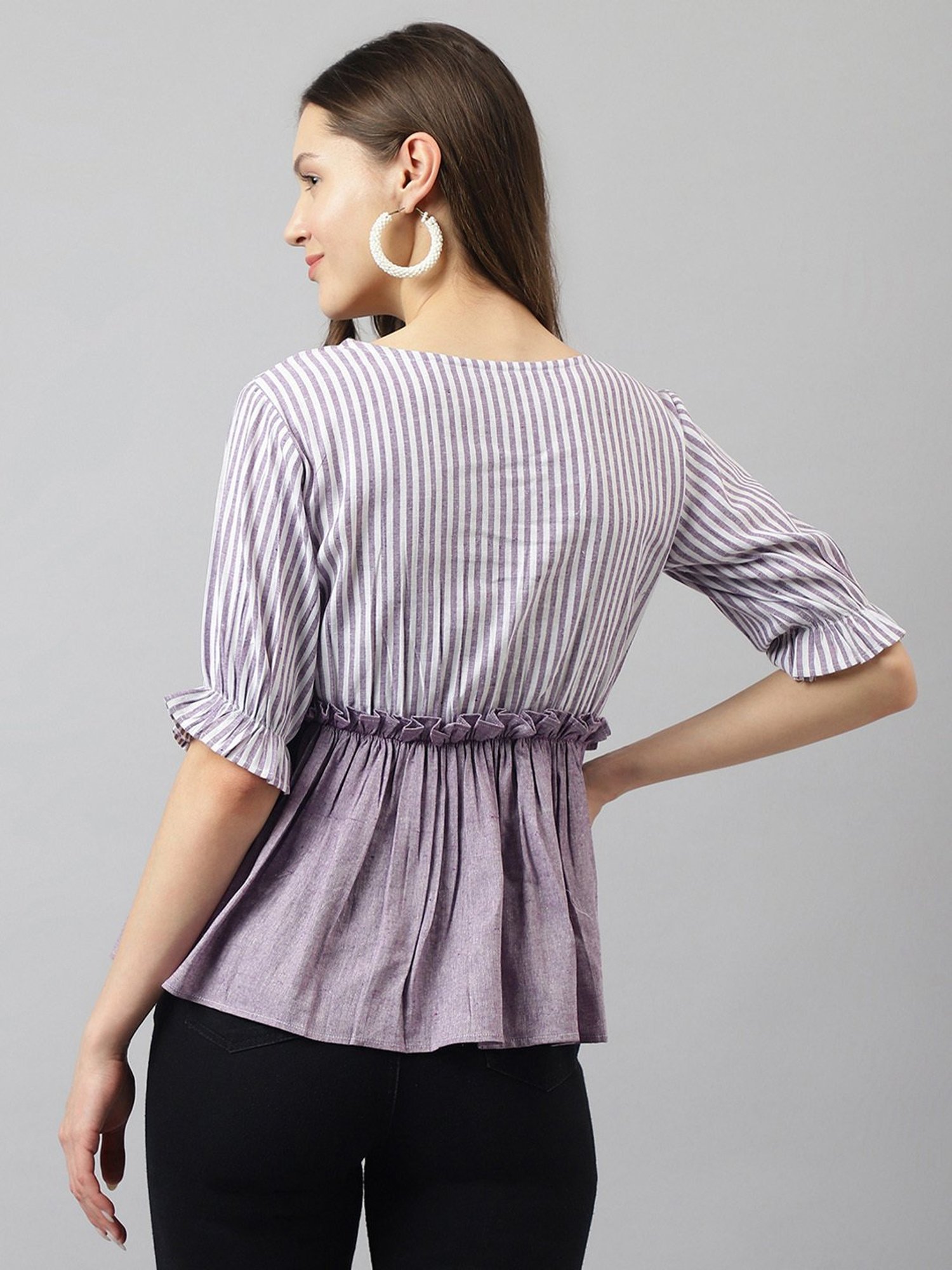 KERI PERRY Purple & White Cotton Striped Top
