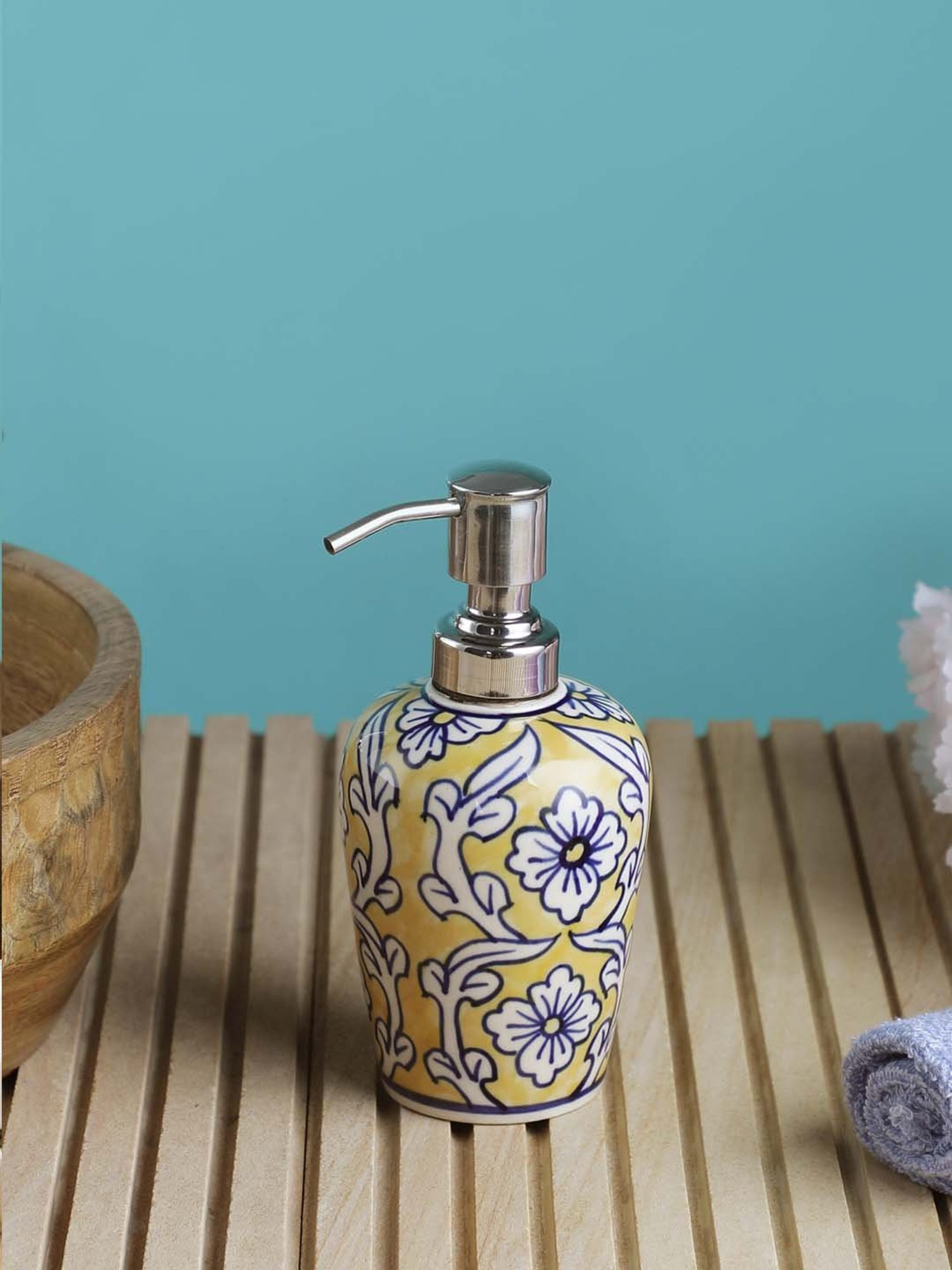 VarEesha Yellow & White Ceramic Aztec Liquid Soap Dispener (0.30L) - Set of 1