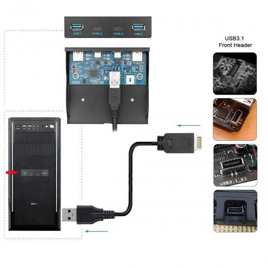 Cablecc USB 3.1 Front Panel Header to USB-C & USB 3.0 HUB 4 Ports Front Panel Motherboard Cable for 3.5" Floppy Bay