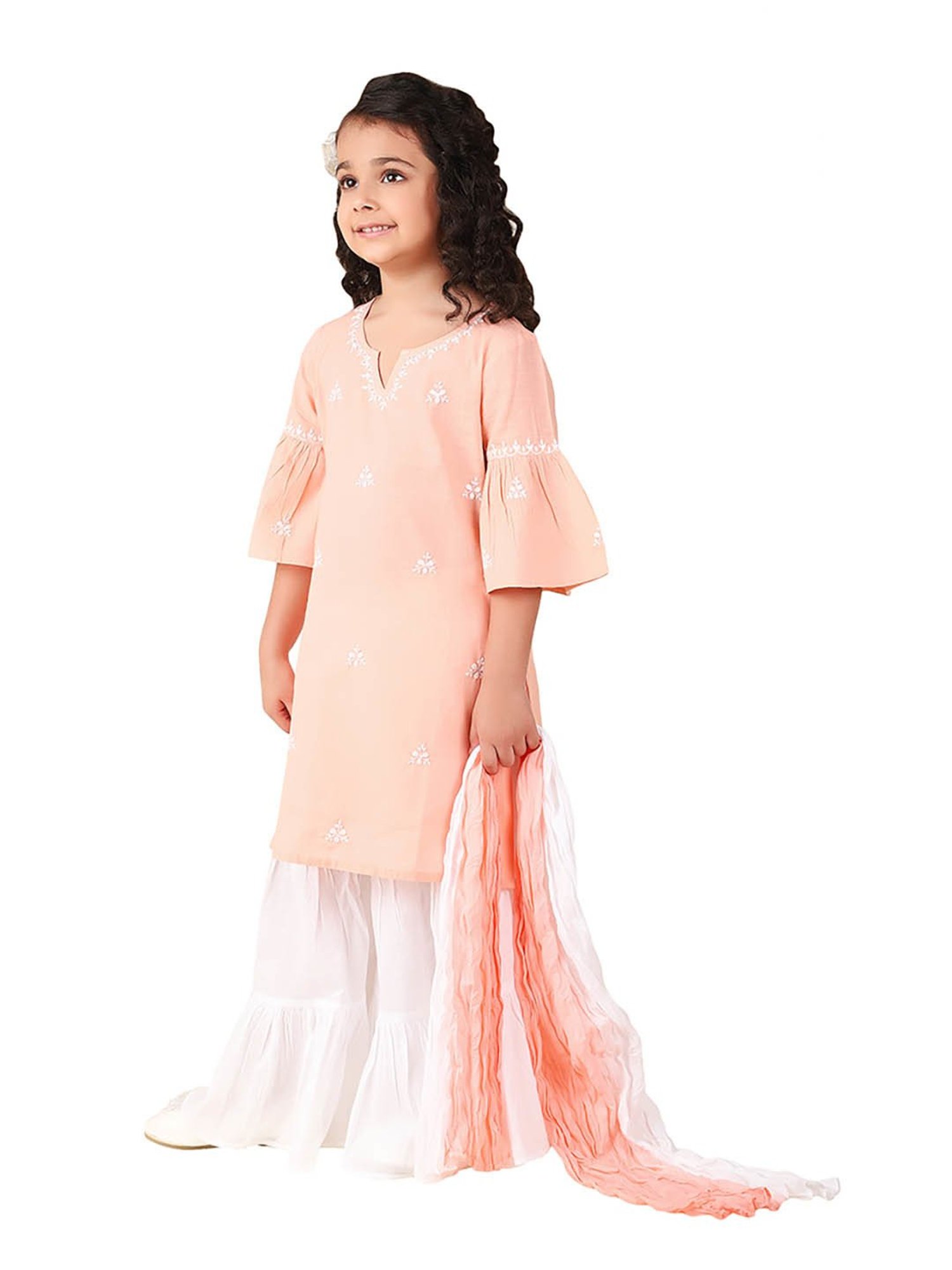 Fabindia Kids Peach & White Embroidered Kurta, Sharara with Dupatta