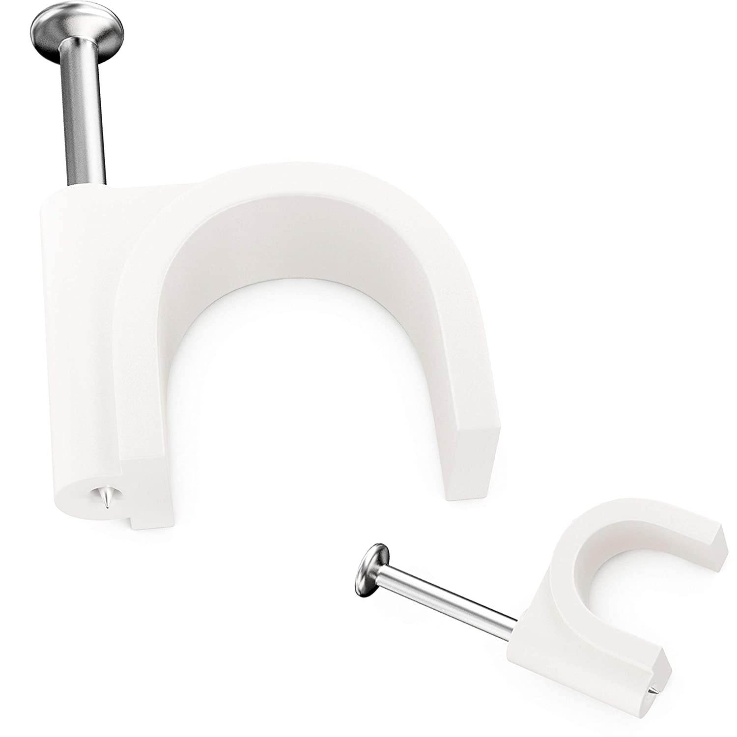 Pro-Grade, Cable Clips with Steel Nails 4mm, 14mm Wire Holders and Tacks 100 Per Size. Durable, UV Resistant Plastic Clips Help Organize Coax, Ethernet, Cat5, Cat6 and Other Cords.