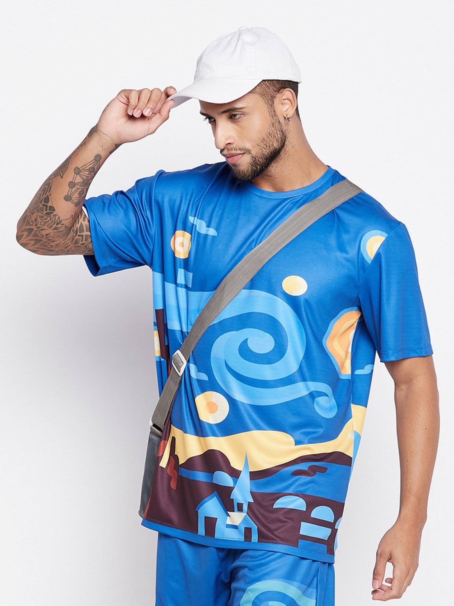 Edrio Blue Cotton Relaxed Fit Printed T-Shirt
