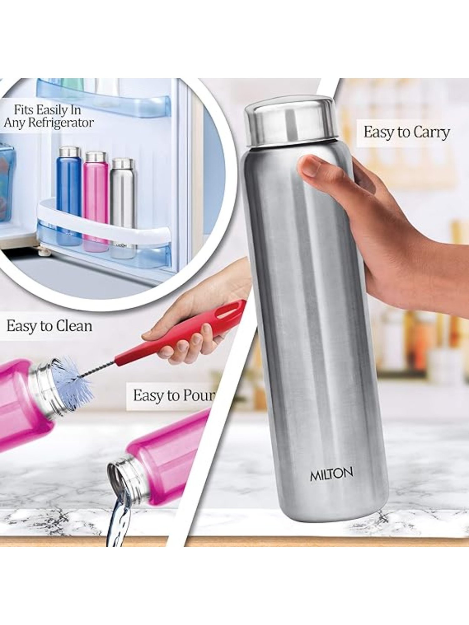 Milton Aqua Silver Stainless Steel Fridge Water Bottle 930 ml - Set of 3