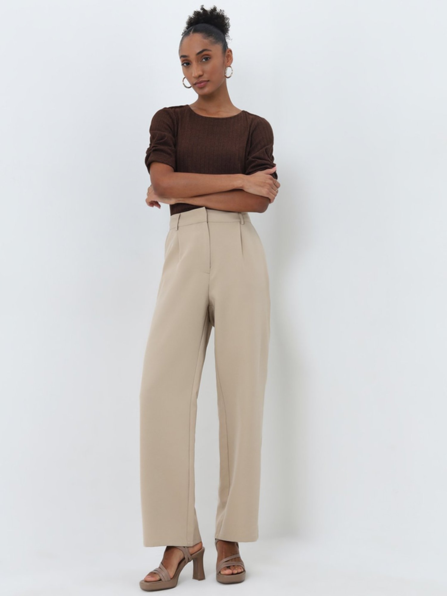 Wardrobe by Westside Brown Ribbed Textured Top