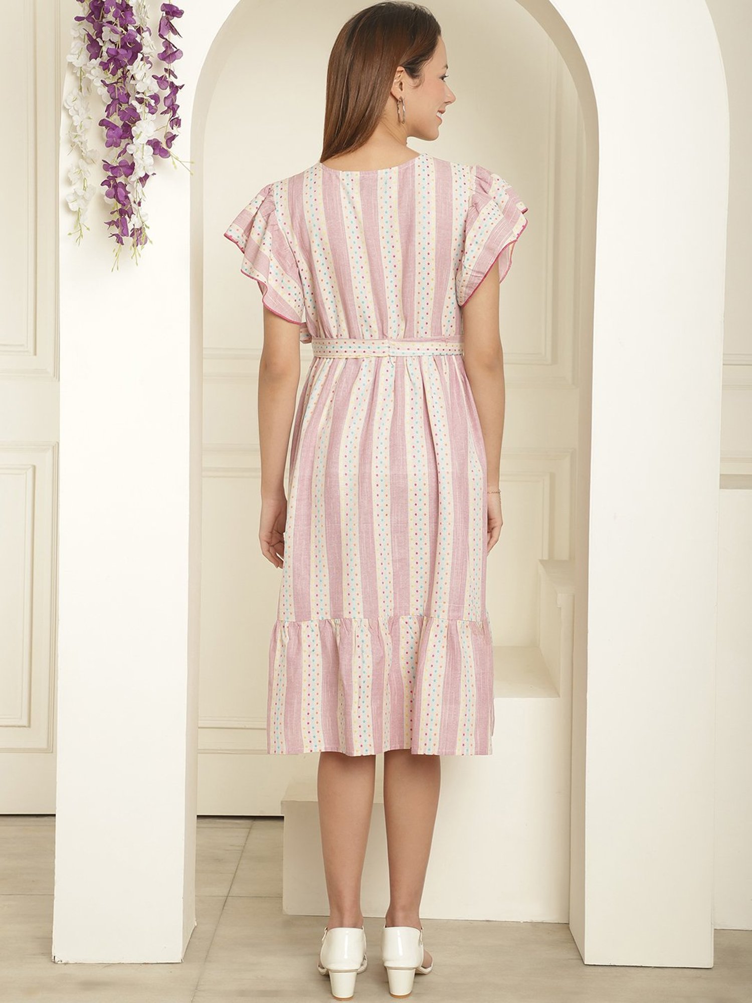 Moms Maternity Peach Self Design Maternity Midi Dress