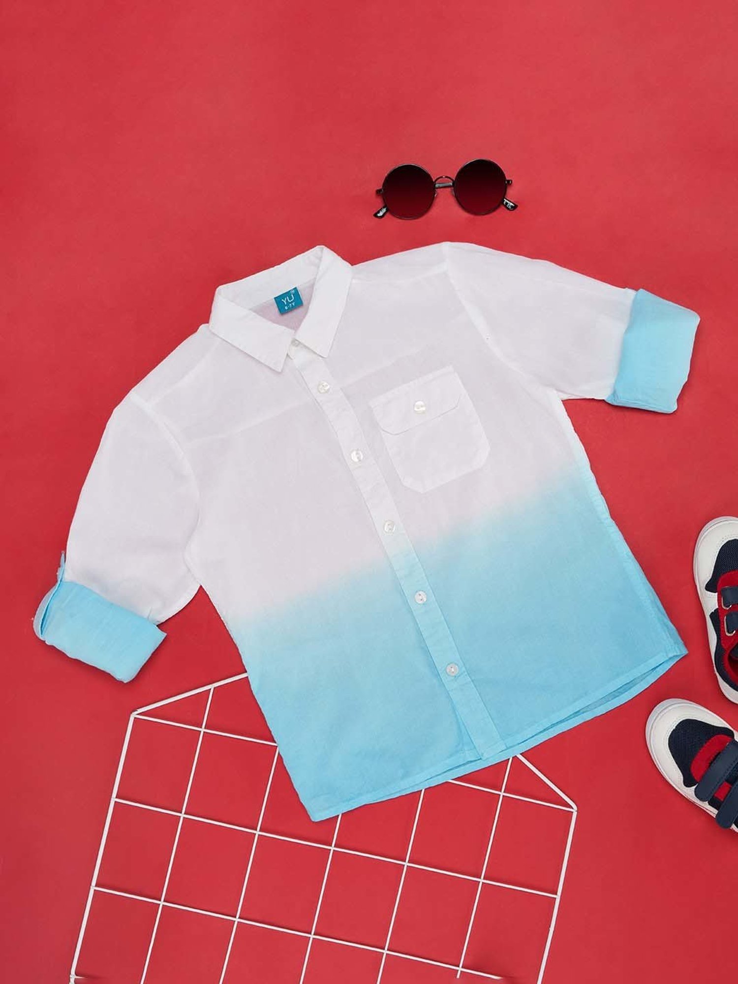 YU by Pantaloons Kids White & Blue Cotton Color Block Full Sleeves Shirt