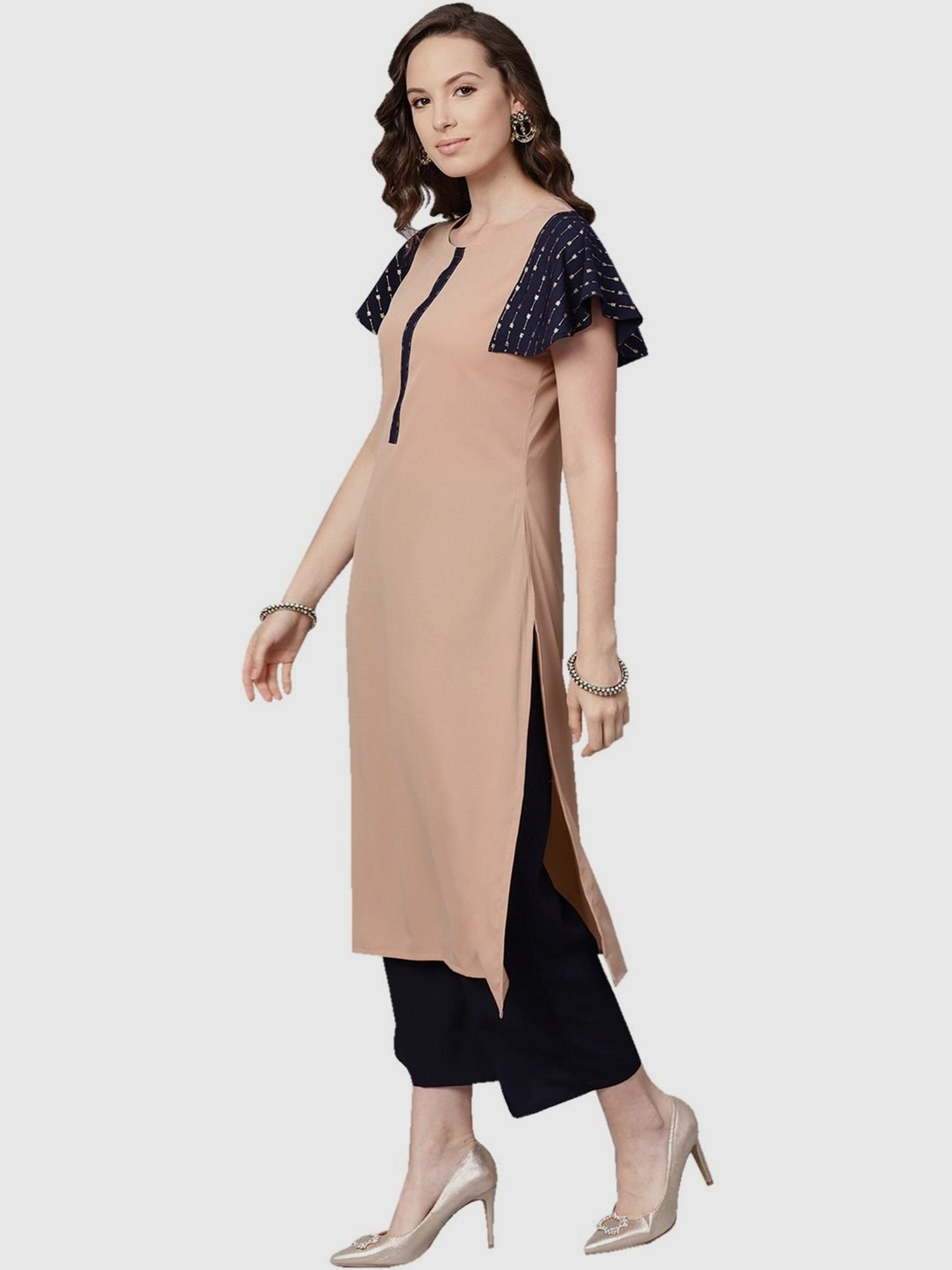 Ziyaa Beige & Black Printed Kurta Palazzo Set