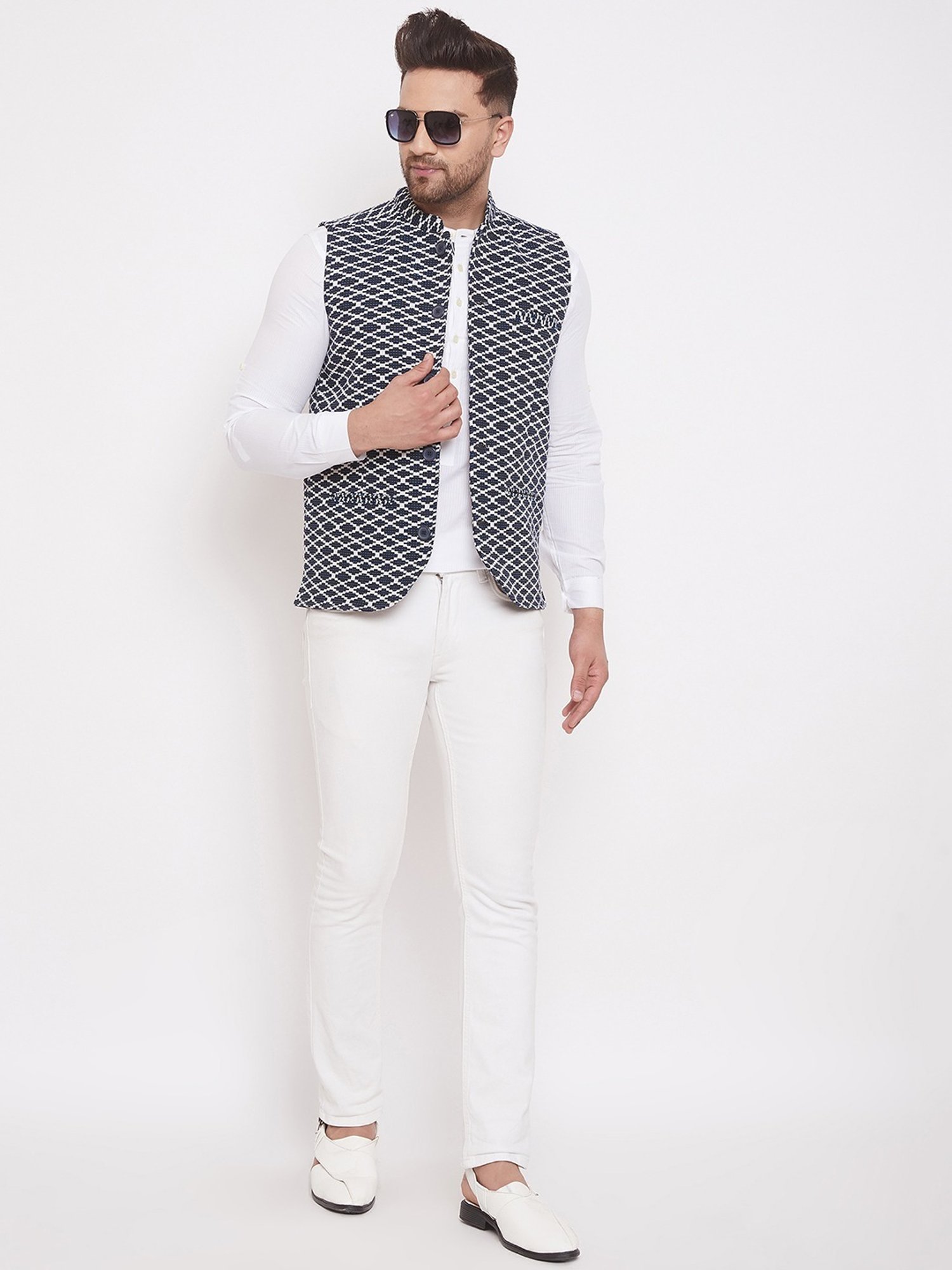 Even Blue Regular Fit Self Pattern Nehru Jacket