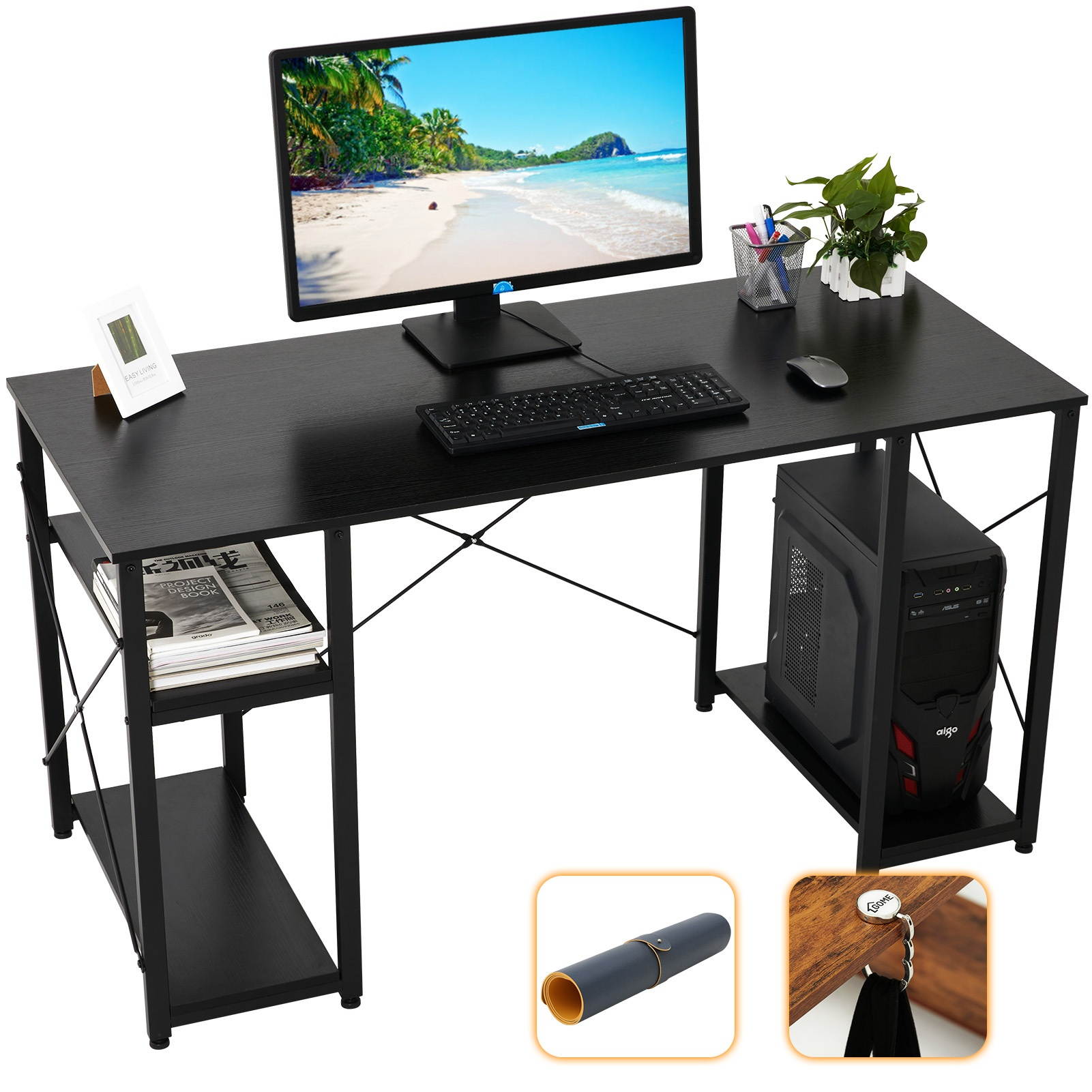Gome Computer Desk with Shelves Storage, 55" Modern Home Office Desk for Small Spaces, Student Writing PC Desk for Teens Bedroom, Industrial Work Study Desk Wood Desk with Mouse Pad & Hanging Hook