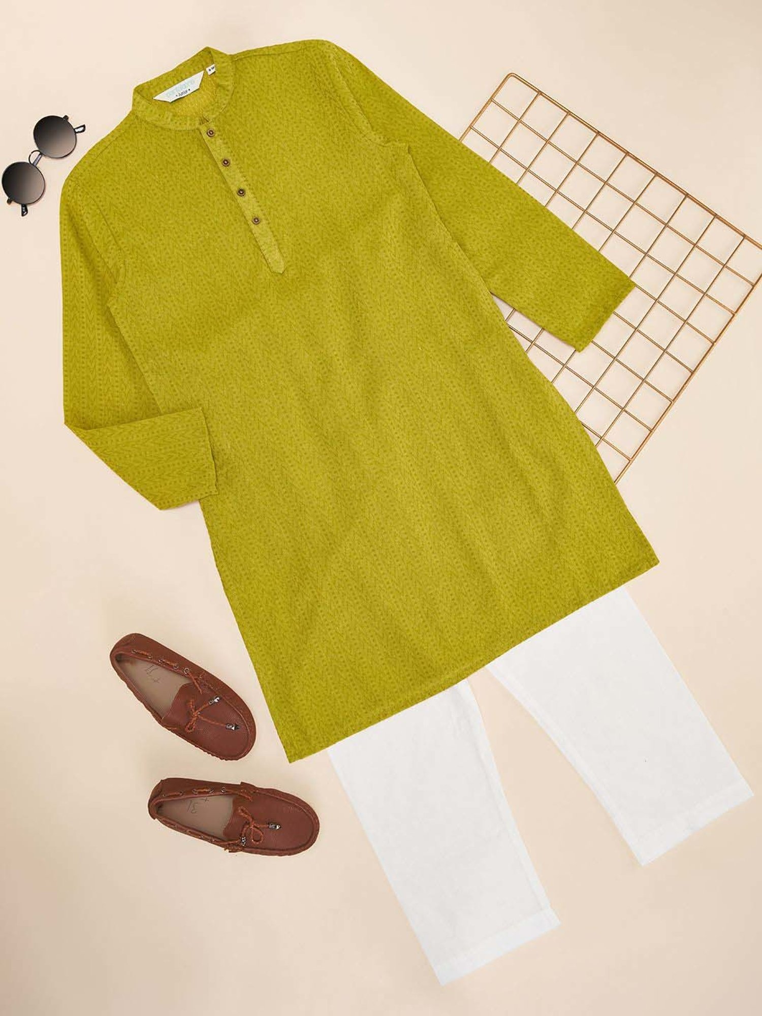 Indus Route by Pantaloons Boys Lime Green Cotton Solid Full Sleeves Kurta Sets