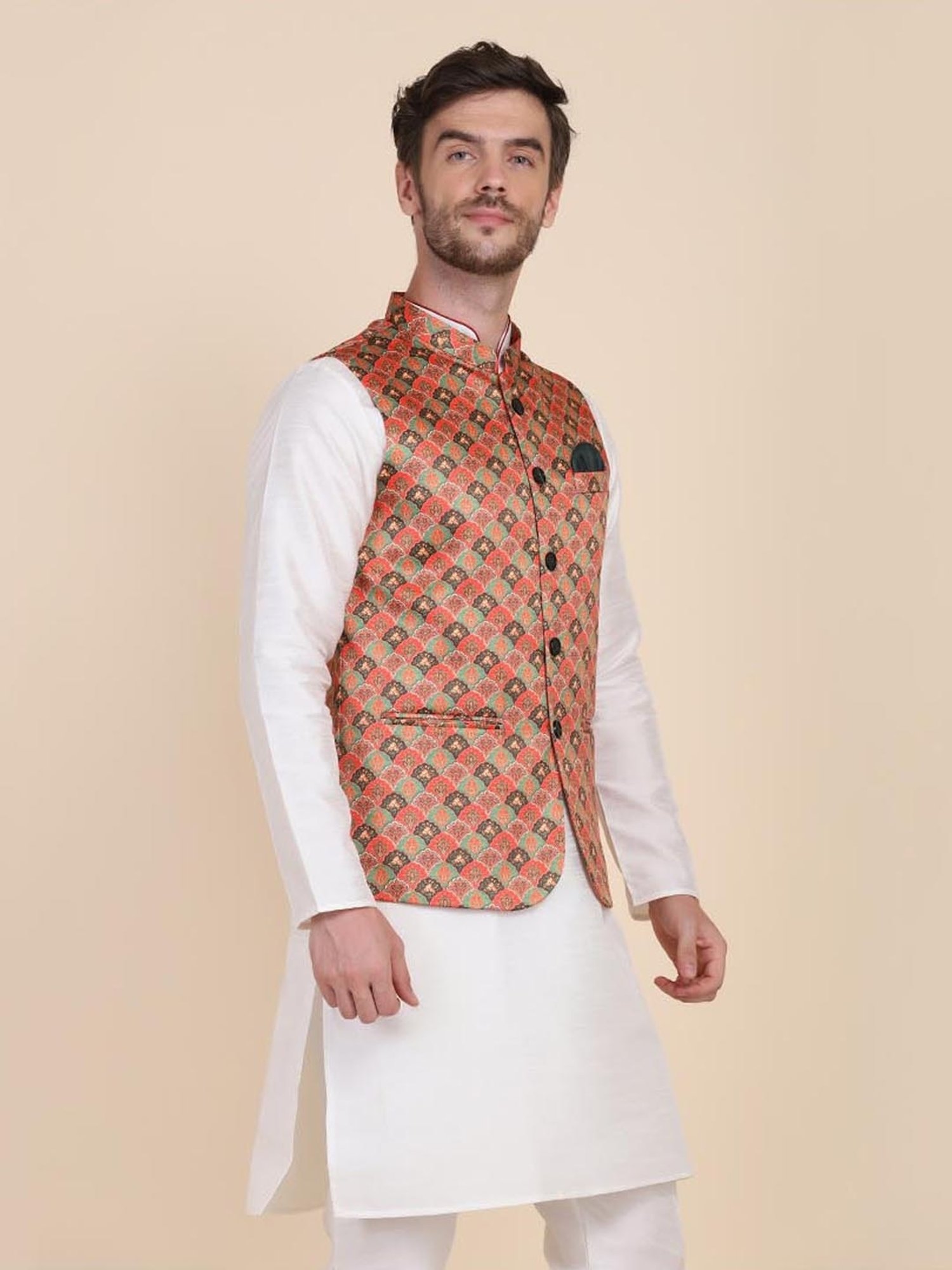 TAHVO Orange Satin Slim Fit Printed Nehru Jacket