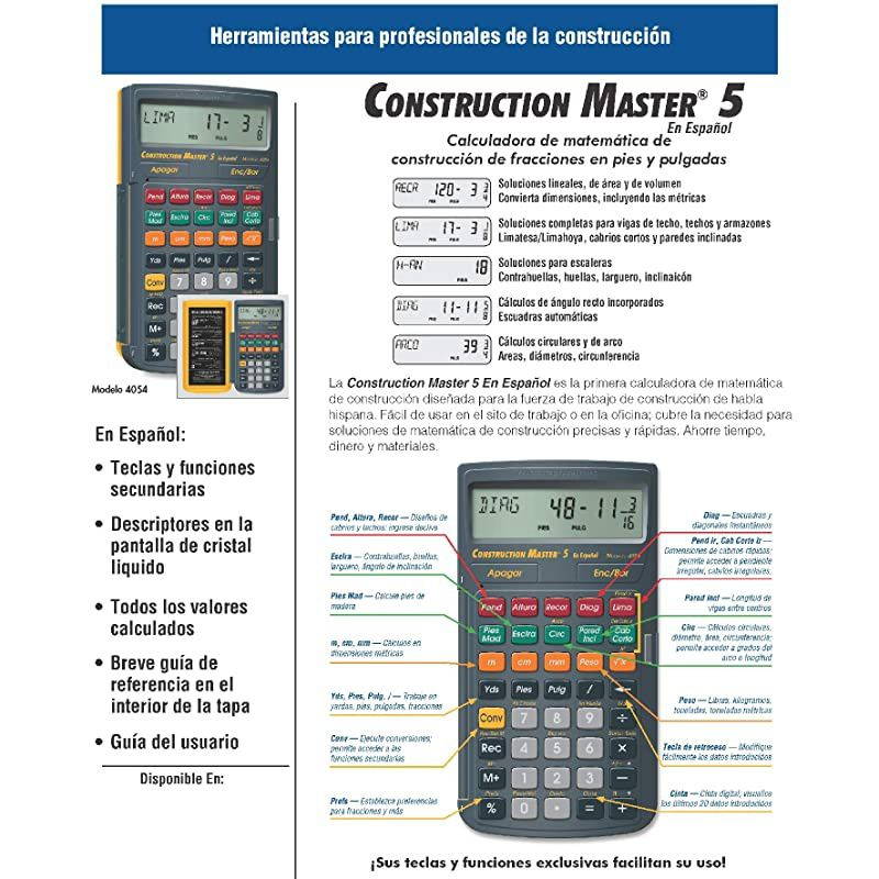 4054 Construction Master 5 en Espanol Construction Feet-Inch-Fraction Calculator for Carpenters [Calculadora de construccion con pies, pulgadas y fracciones para carpinteros]