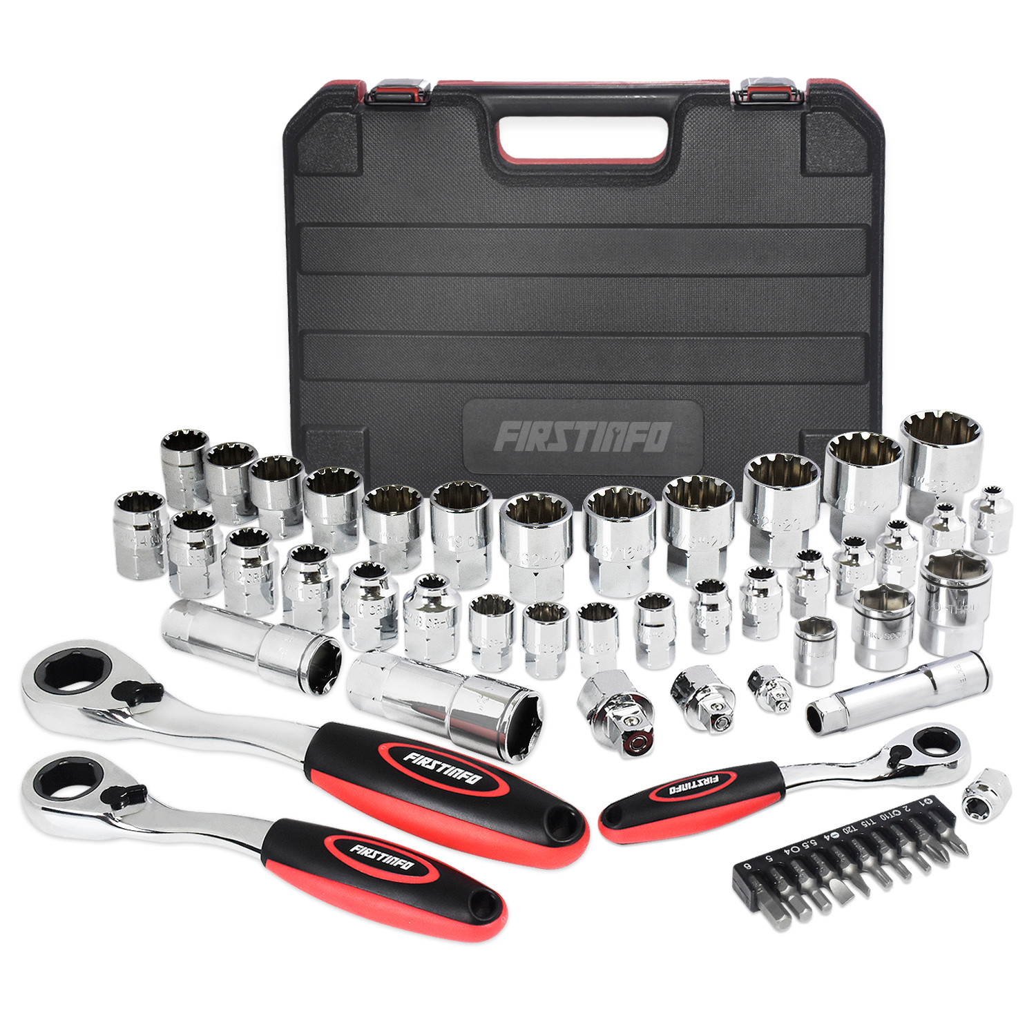 FIRSTINFO Low Profile Go-Through Socket Wrench 52 Pcs Set, 1/4" 3/8" 1/2" Wrench, Spline Sockets For Damaged Fasteners