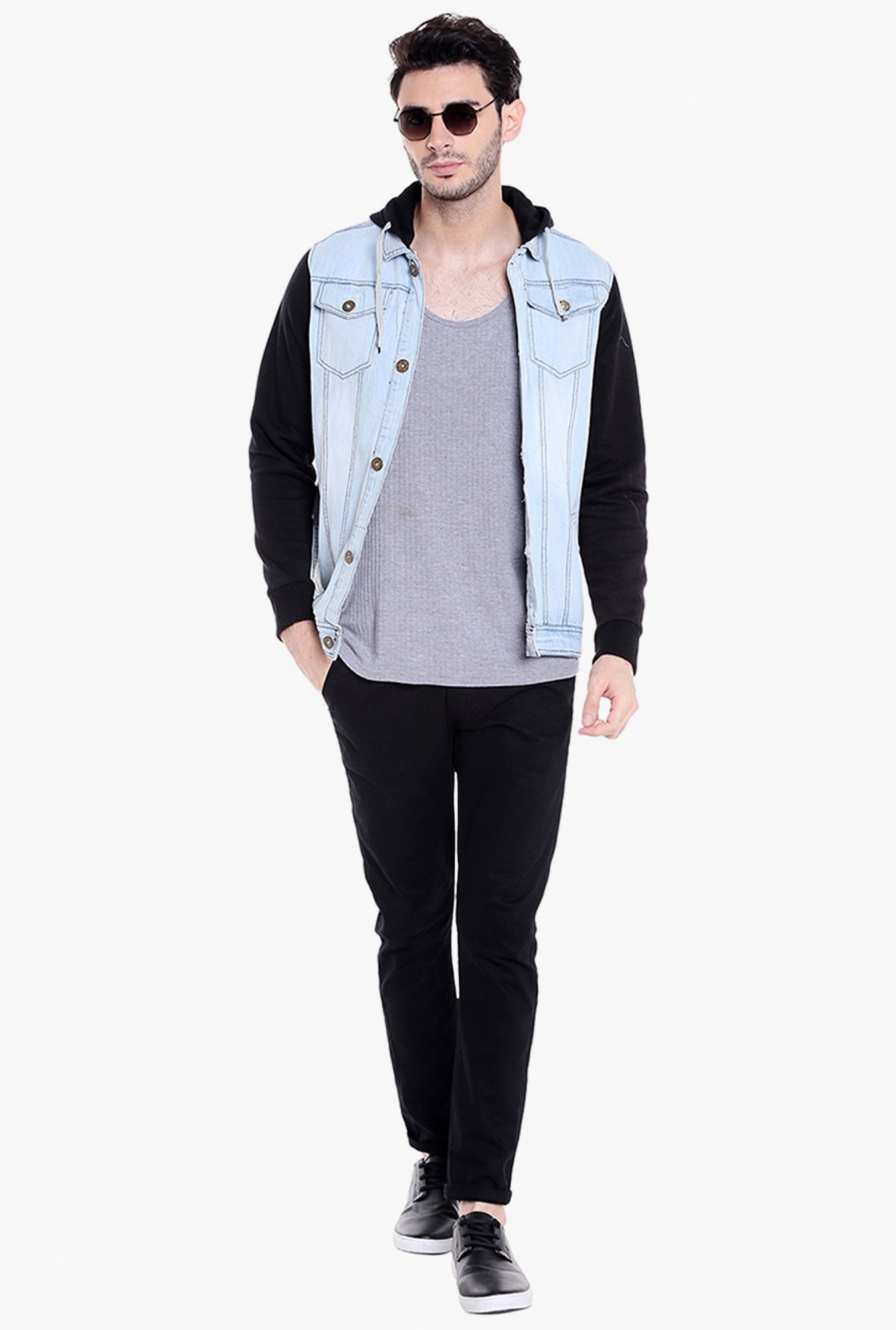 Campus Sutra Ice Blue & Black Cotton Jacket