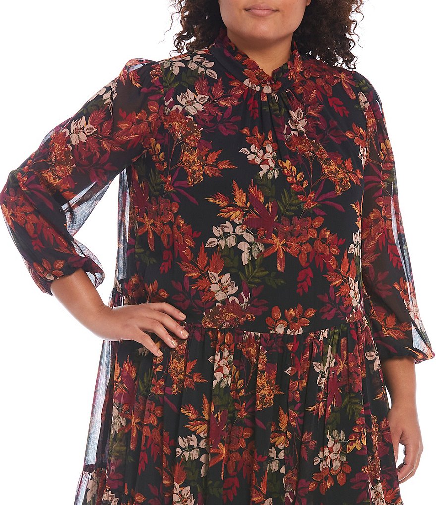 Maison Tara Plus Size Floral Ruffle Mock Neck Long Sleeve Chiffon Tiered Trapeze Dress